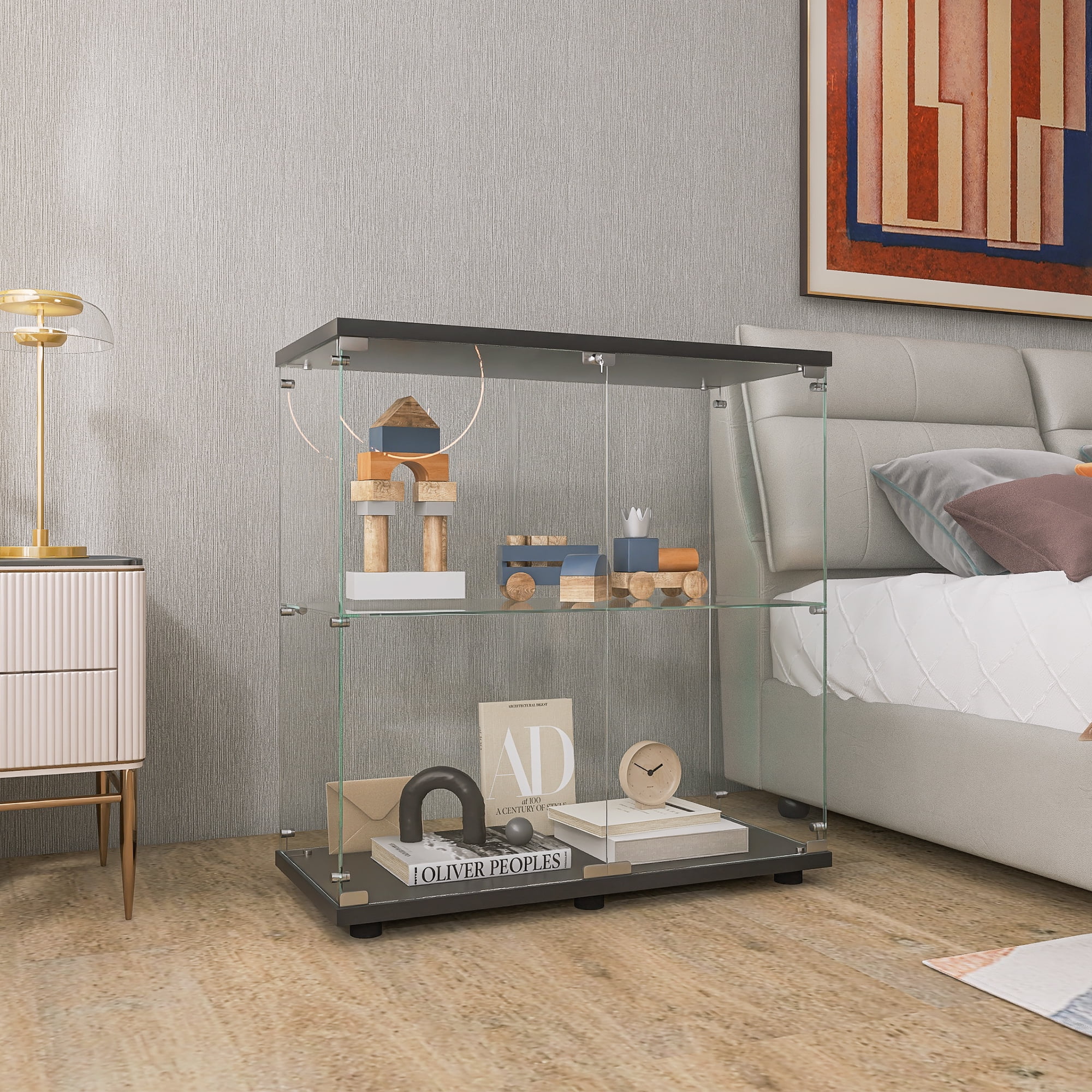 Holaki Two-door 2 Shelves Glass Display Cabinet with Door, Floor Standing Curio Bookshelf for Living Room Bedroom Office, 33.35