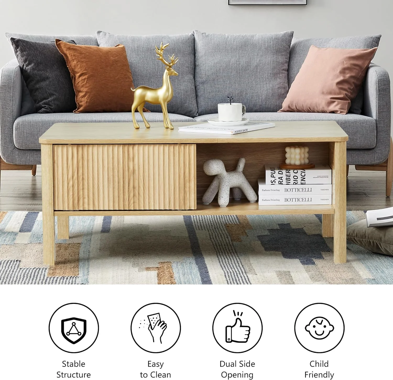 Wirrytor Mid-Century Modern Rectangular Wood Coffee Table with Dual Storage Shelf, Storage Center Coffee Tables with Waveform Panel Sliding Door Dining Table for Living Room Apartment(Natural)