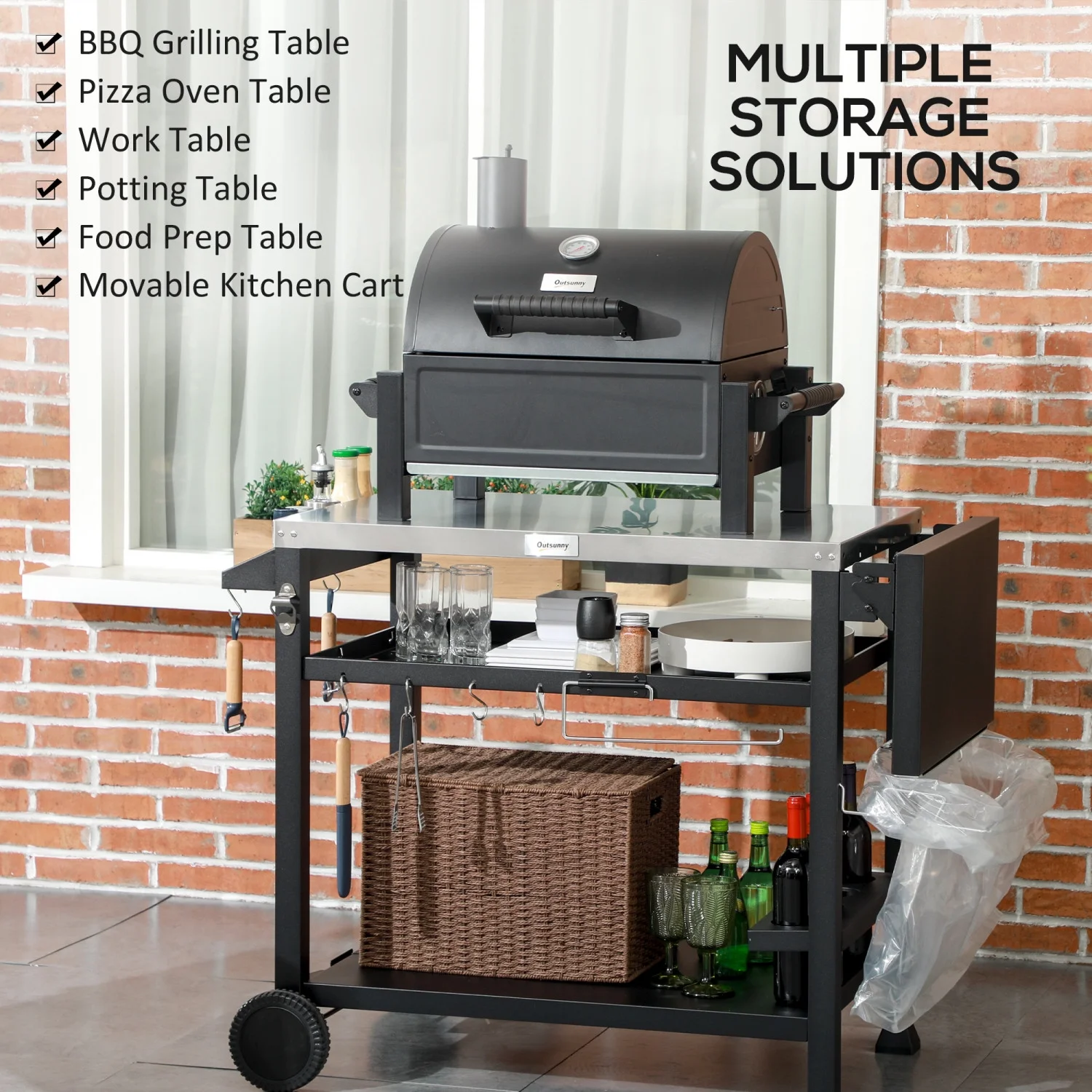 JHOOTUUO Outdoor Grill Cart with Foldable   46” x 21.75” Multifunctional Stainless Steel Pizza Oven Stand with Three-  Movable Food Prep  on Wheels  Black