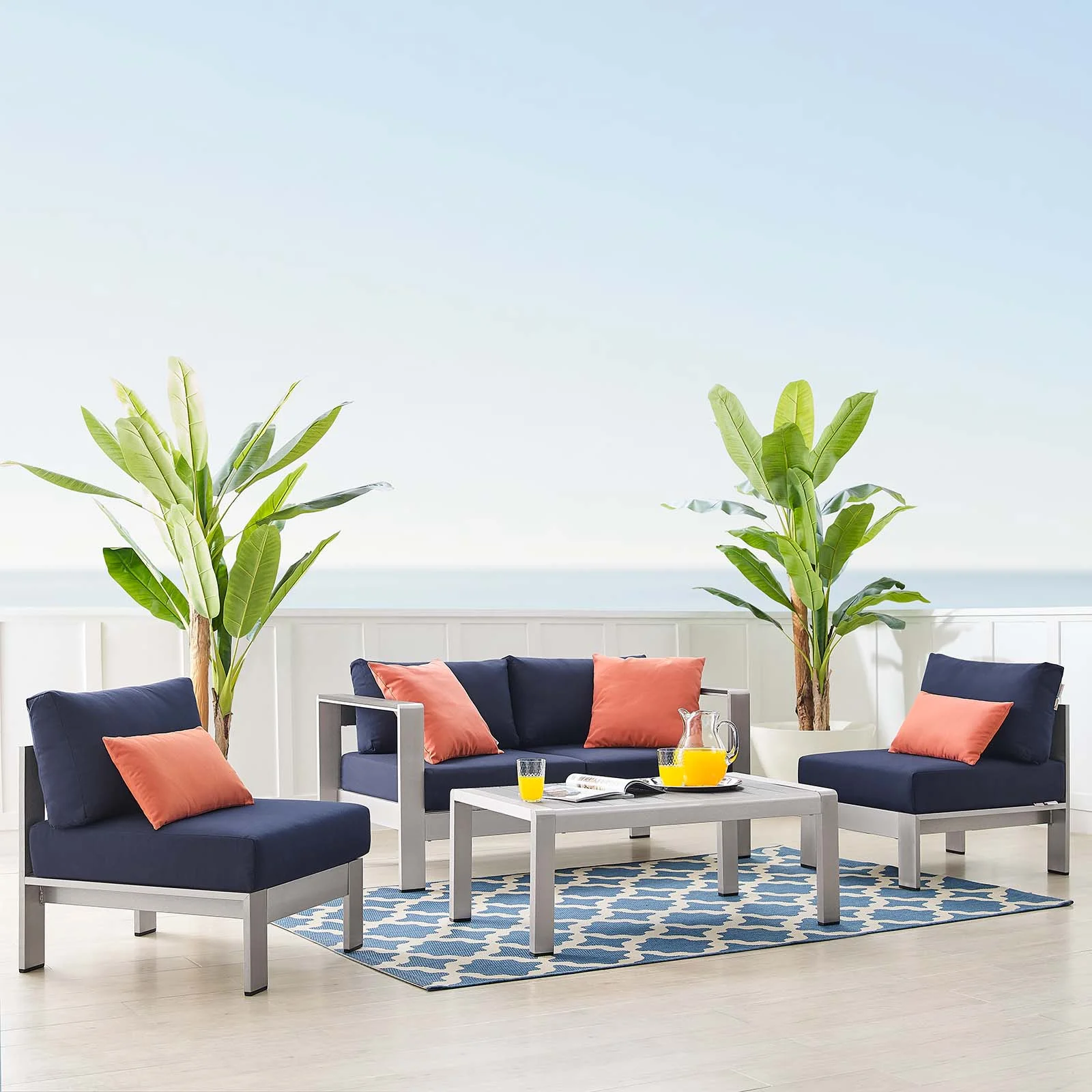 Modway Shore Sunbrella® Fabric Outdoor Patio Aluminum 4 Piece Set in Silver Navy