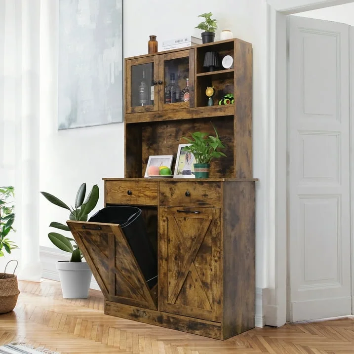 LAZY BUDDY Dual Tilt Out Trash Cabinet, 20 Gallon Kitchen Hidden Garbage Can Cabinet Tall Freestanding Kitchen Pantry Cabinet, Brown