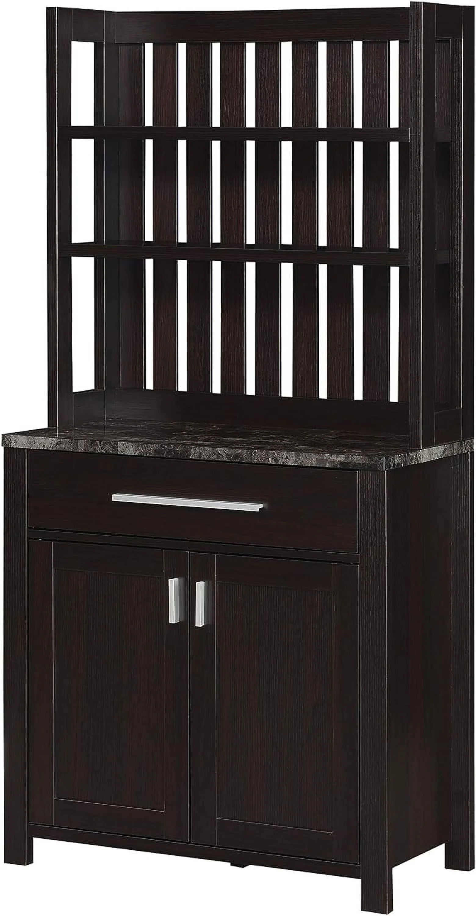Sawyer 1 Drawer Wine Bar With Storage Cabinet And Shelves, Black Faux Marble/Espresso