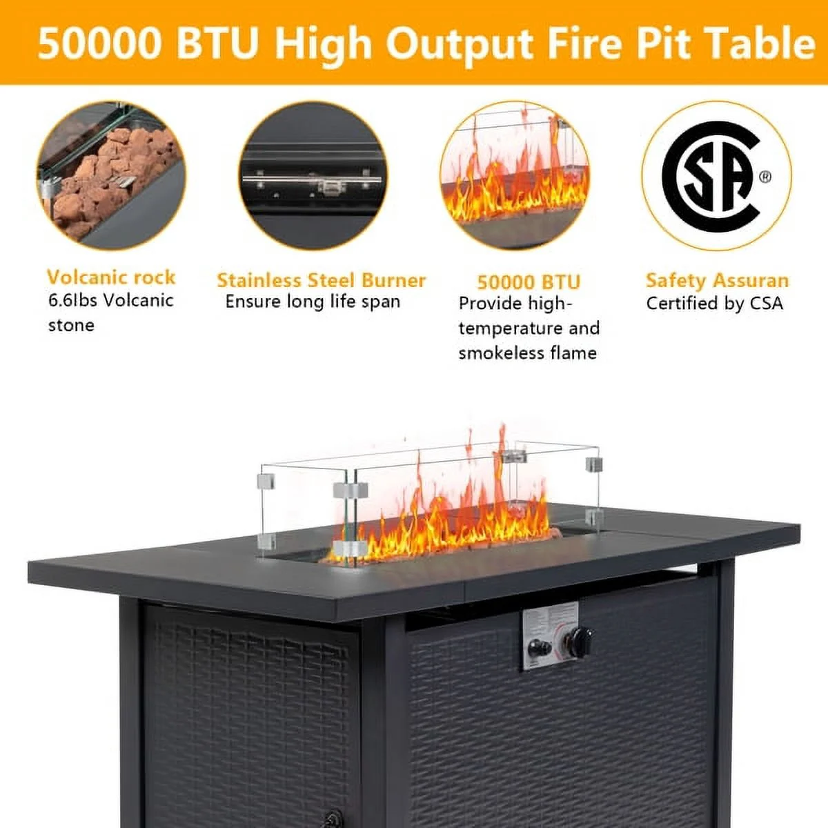 Capri 43-Inch Fire Table，50000 BTU Gas Firepit with Volcanic Stone Black