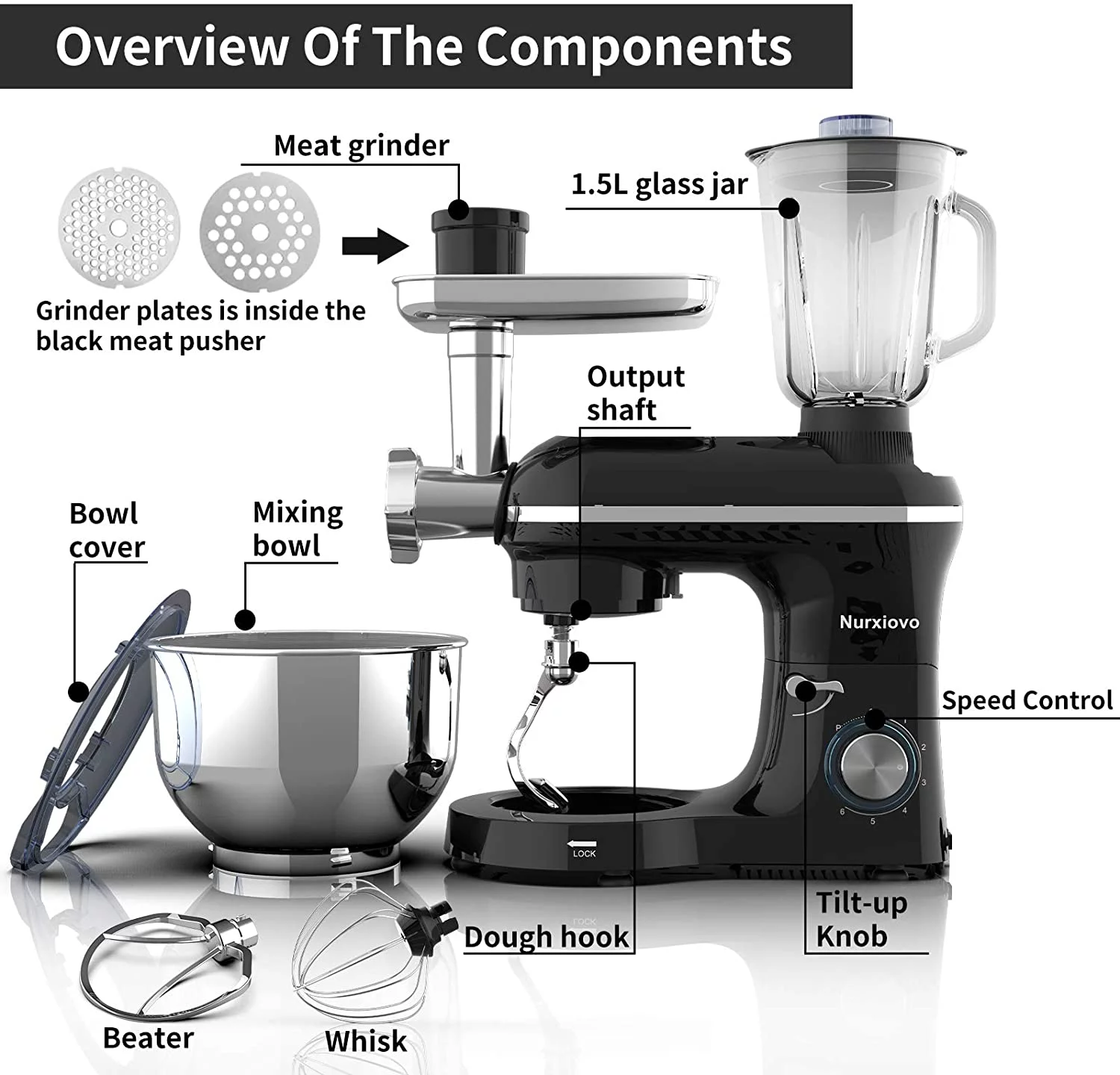 Nurxiovo Stand Mixer 850W 6 Speed Tilt-Head Kitchen Mixer with 6.5QT Mixer with Stainless Steel Bowl, Dough Hook Whisk Beater, Multifunction 3 in 1 Standing Mixers and Juice Extractor Black