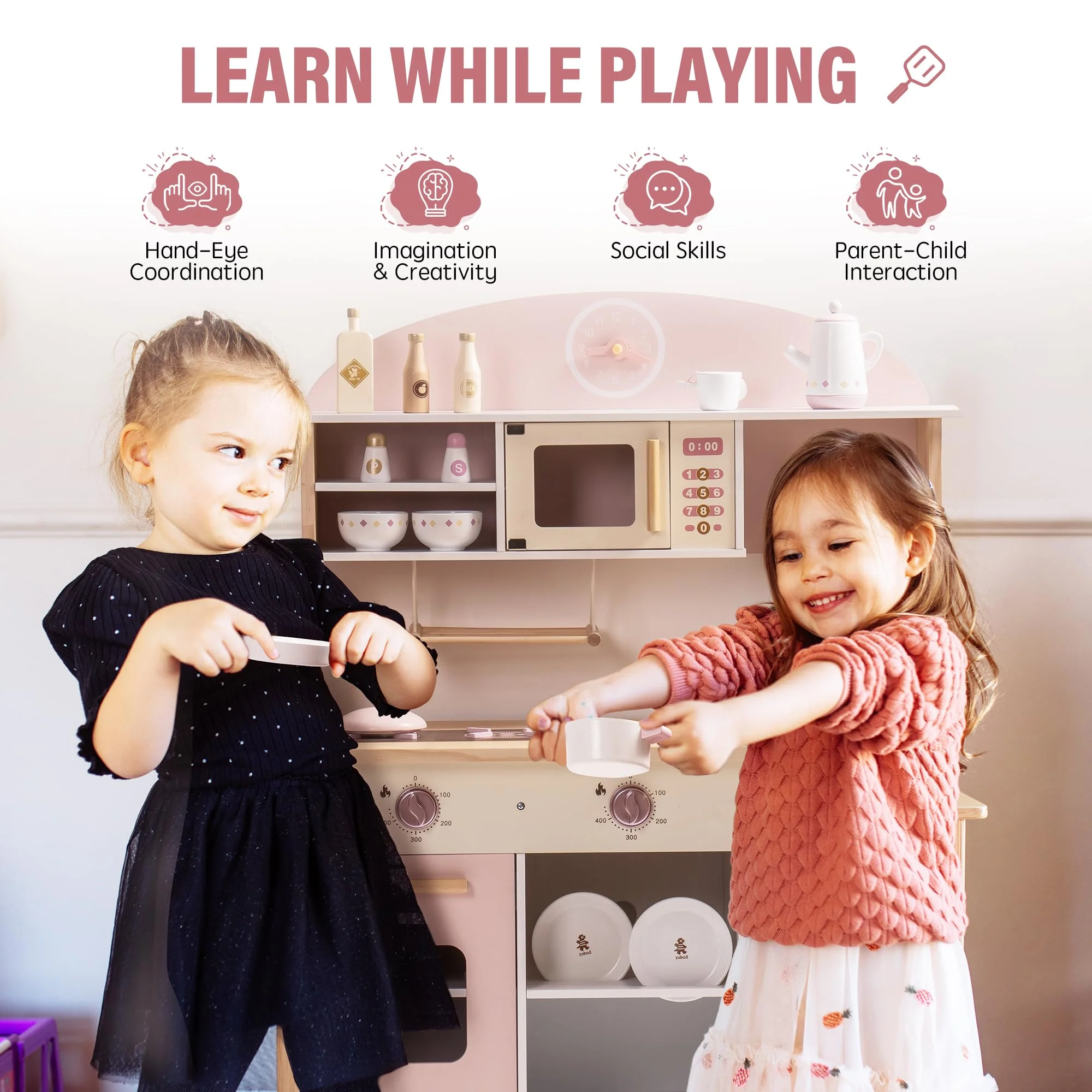 Robud Kids Wooden Kitchen Play Set Pretend Playset Toy with Play Cooker for Girls Boys Age 3+,Pink