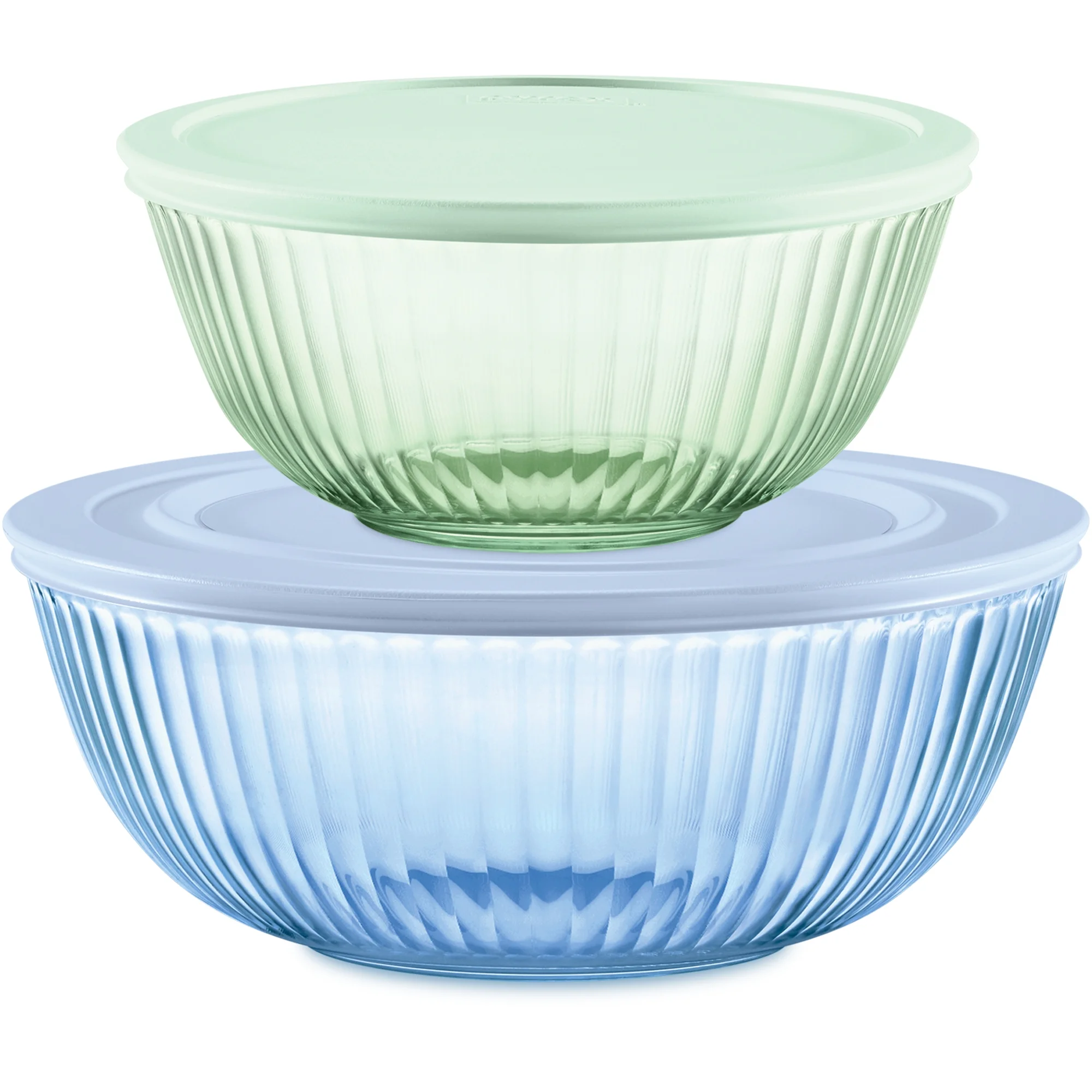 Pyrex Sculpted Tinted 4-Piece Glass Mixing Bowl Set with Airtight Plastic Lids, 2.3qt Green/4.5qt Blue