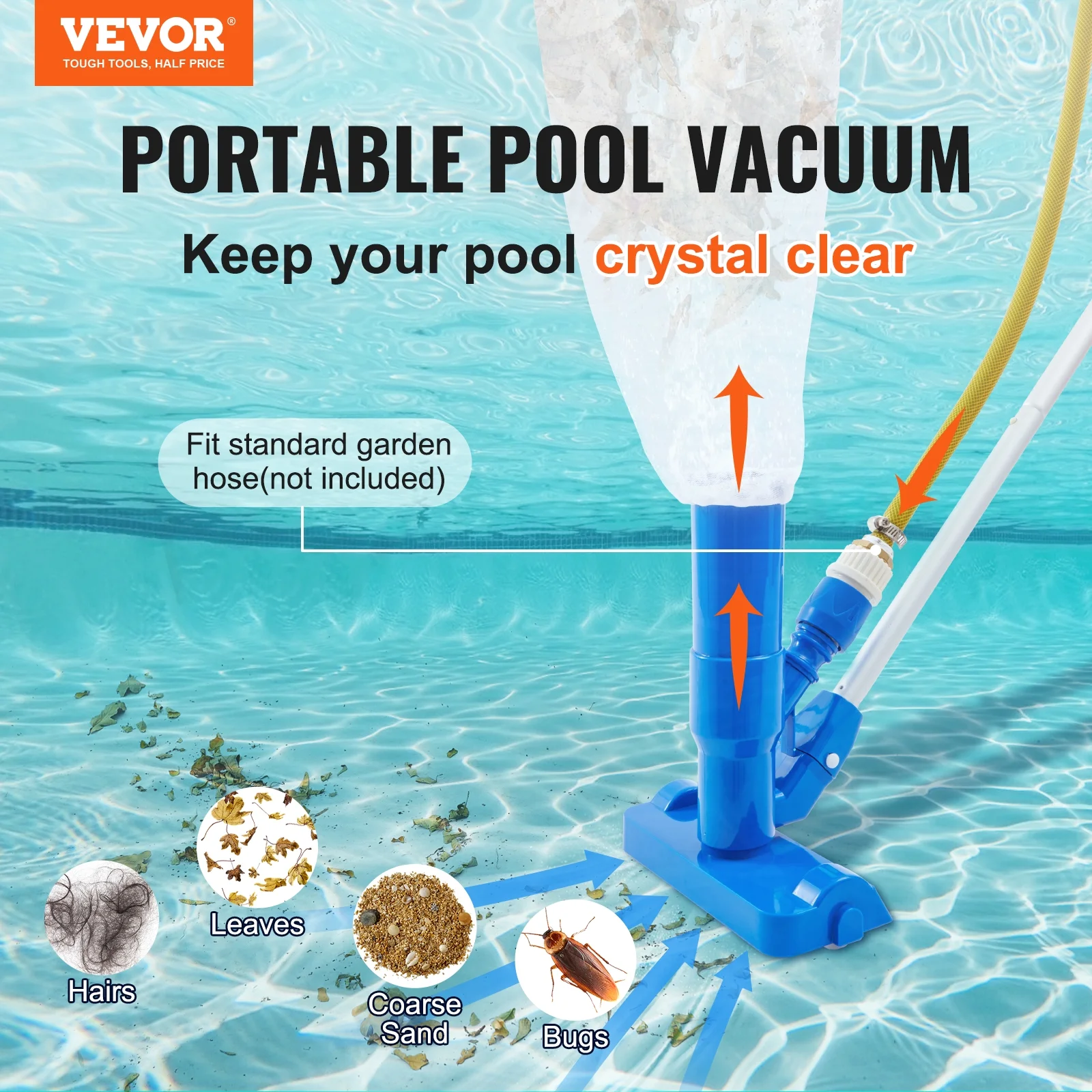 BENTISM Portable Pool Vacuum Handheld Pool Blaster Vacuum Cleaner with 3 Scrub Brushes and Detachable 6 Section Pole and a Filter Bag for Above Ground and Inflatable Pool Spa Ponds & Fountains