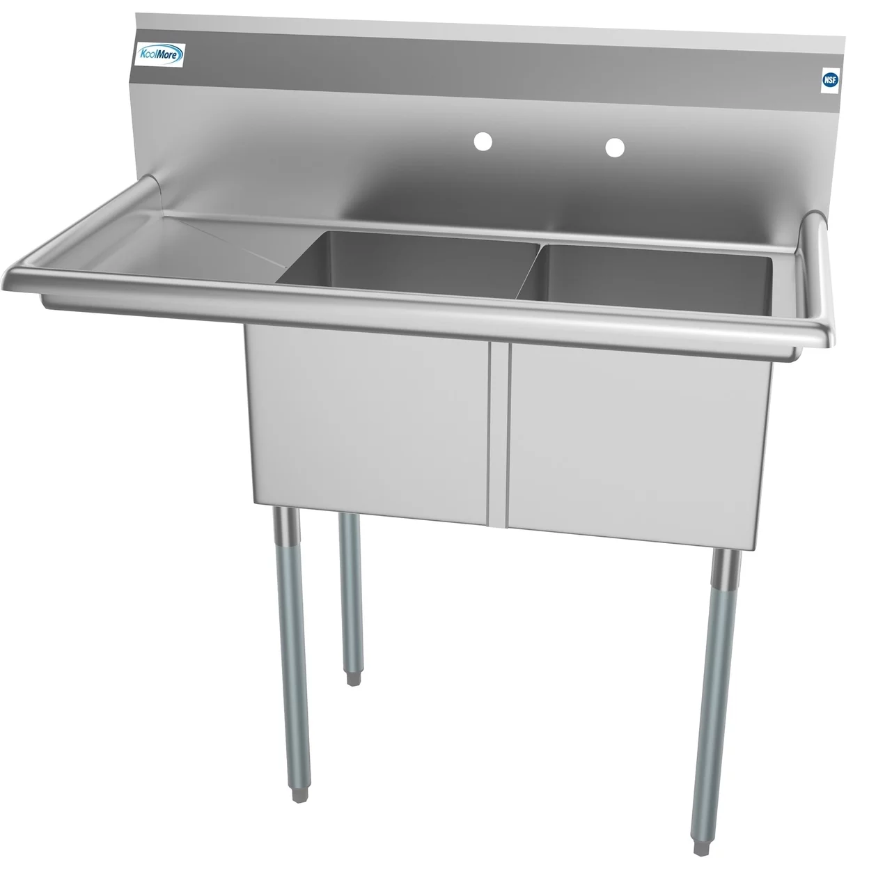 43 in. Two Compartment Stainless Steel Commercial Sink with Drainboard, Bowl Size 14