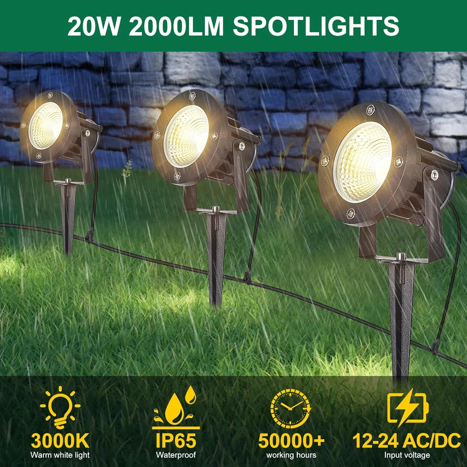 20W Low Voltage Landscape Lights Outdoor,12V Super Warm White(2000LM) LED Spotlights with Connectors and Spike Stand for Wall Tree Flag Spotlights Tree Garden IP65 Waterproof 9 Pack