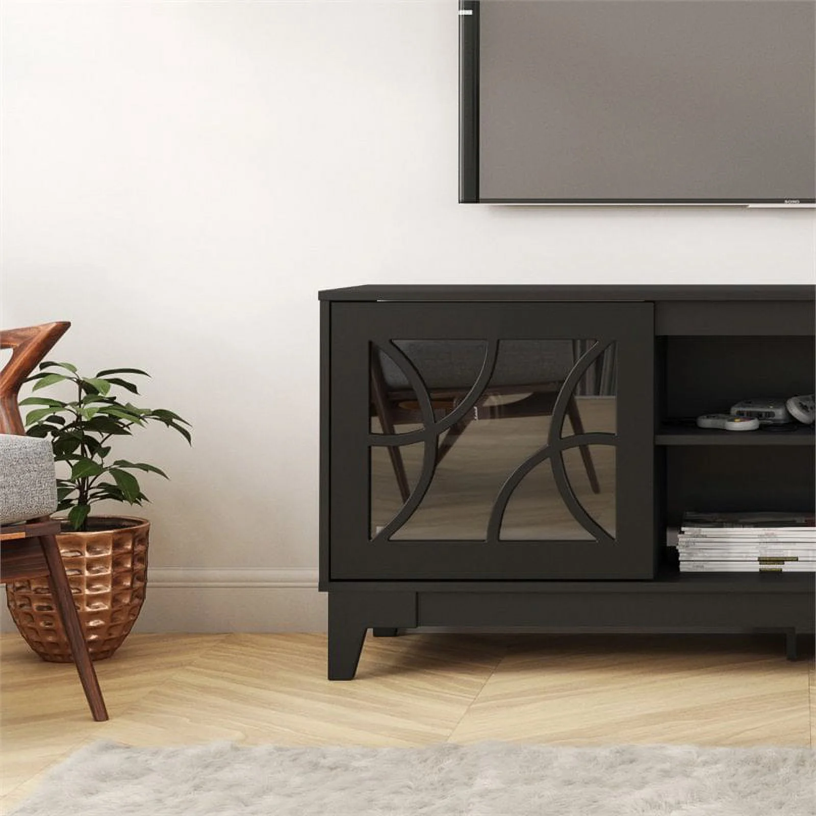 Nexera Venus TV Stand with 2 Doors and Open Shelves for TVs up to 70 in., Black