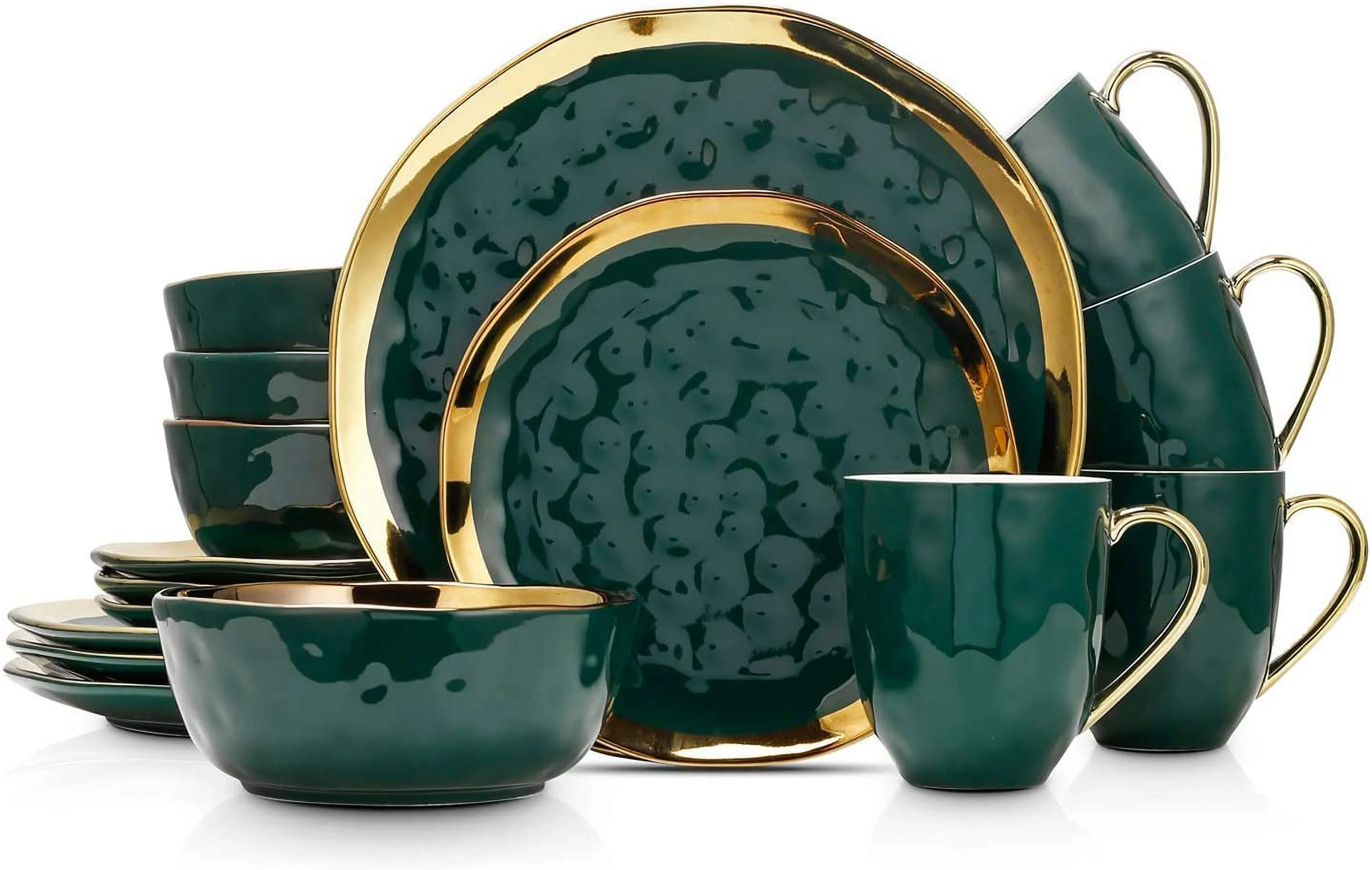 LIANMEI Porcelain 16 Piece Dinnerware Set, Service for 4, Green and Golden Rim