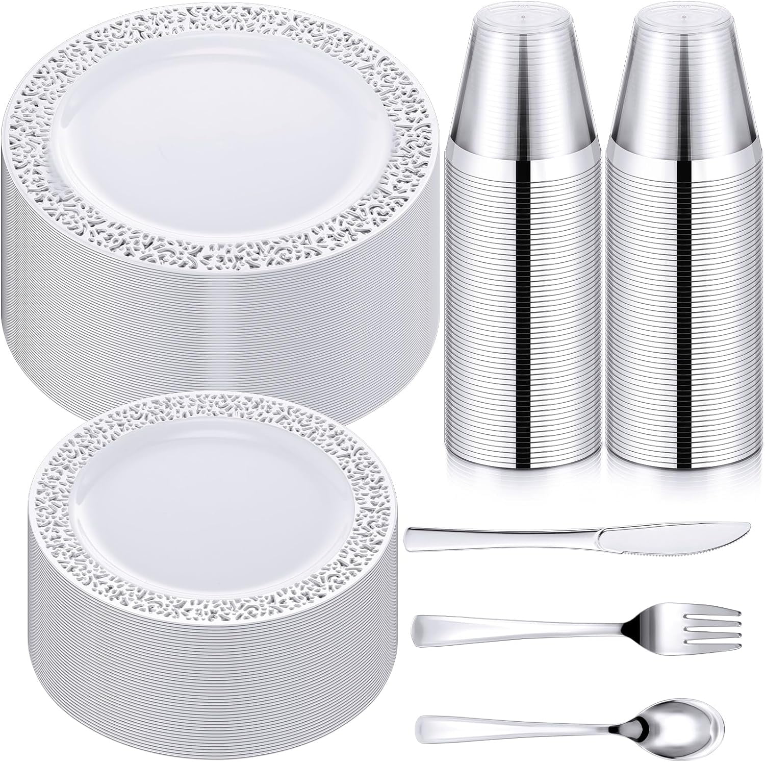 RUO 300 Pieces Disposable Plastic Dinnerware Set, 100 Plastic Plates, 150 Knives, Forks and Spoons with 50 Rimmed Plastic Cups for 50 Guests Wedding Party Supplies (Black Silver)