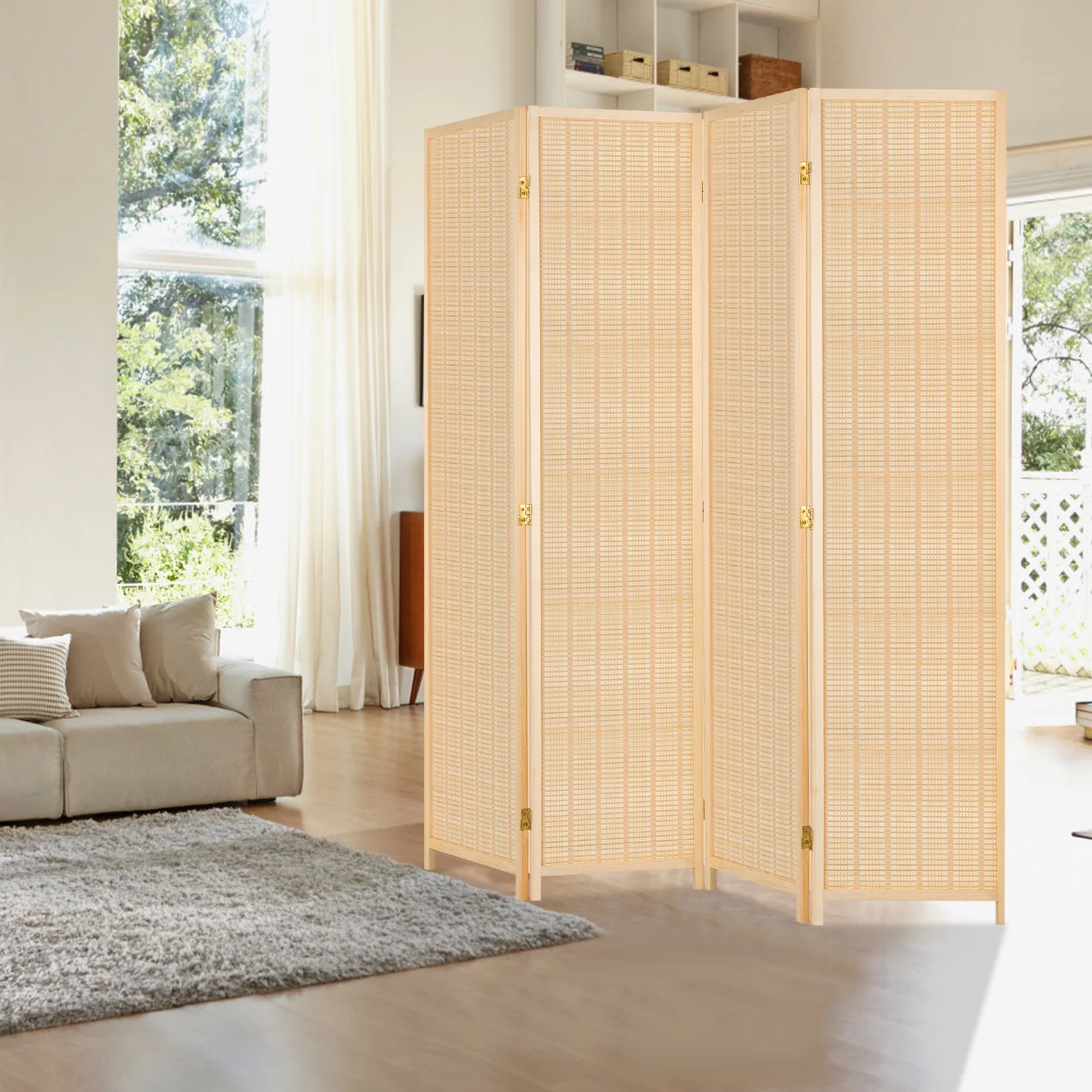 4-Panel Room Dividers，6 ft Office Partition Walls Bamboo Divider Folding Portable Privacy Screen，Room Dividers and Folding Privacy Screens Wall Divider for Living Room，Beige