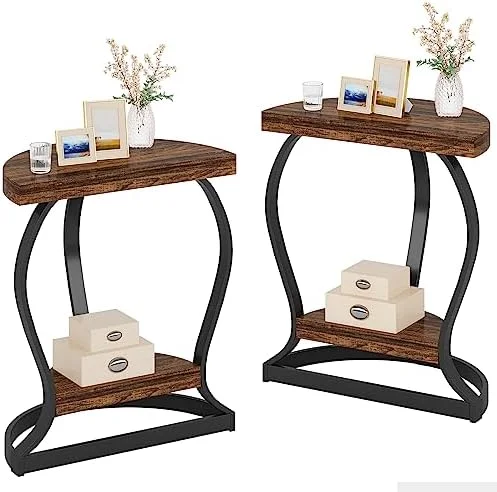 YFbiubiulife Half-Round End Table Set of Two  2-Tier Wooden Half   Semi Circle Accent Table Bedside Table with Thicken Tabletop for Living Room  Bedroom (Rustic Brown)