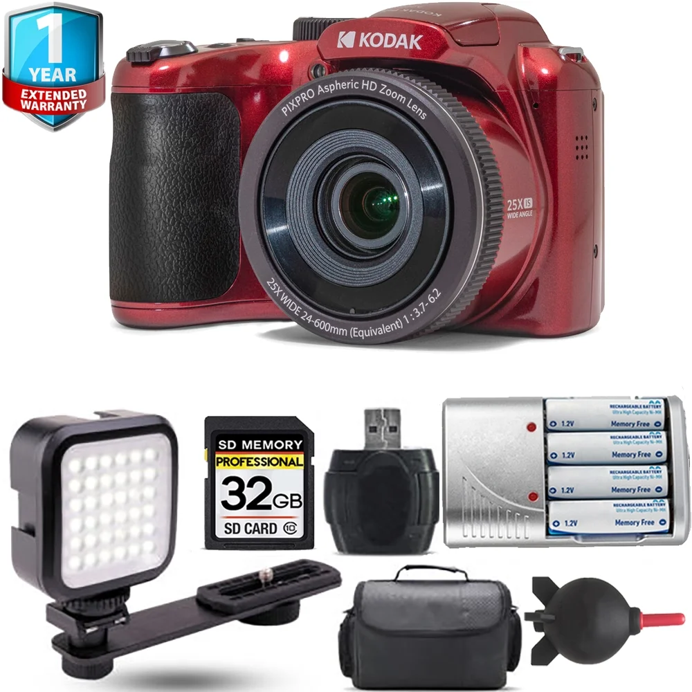Kodak PIXPRO AZ255 Digital Camera (Red) + Extra Battery + LED +1 Yr Warranty