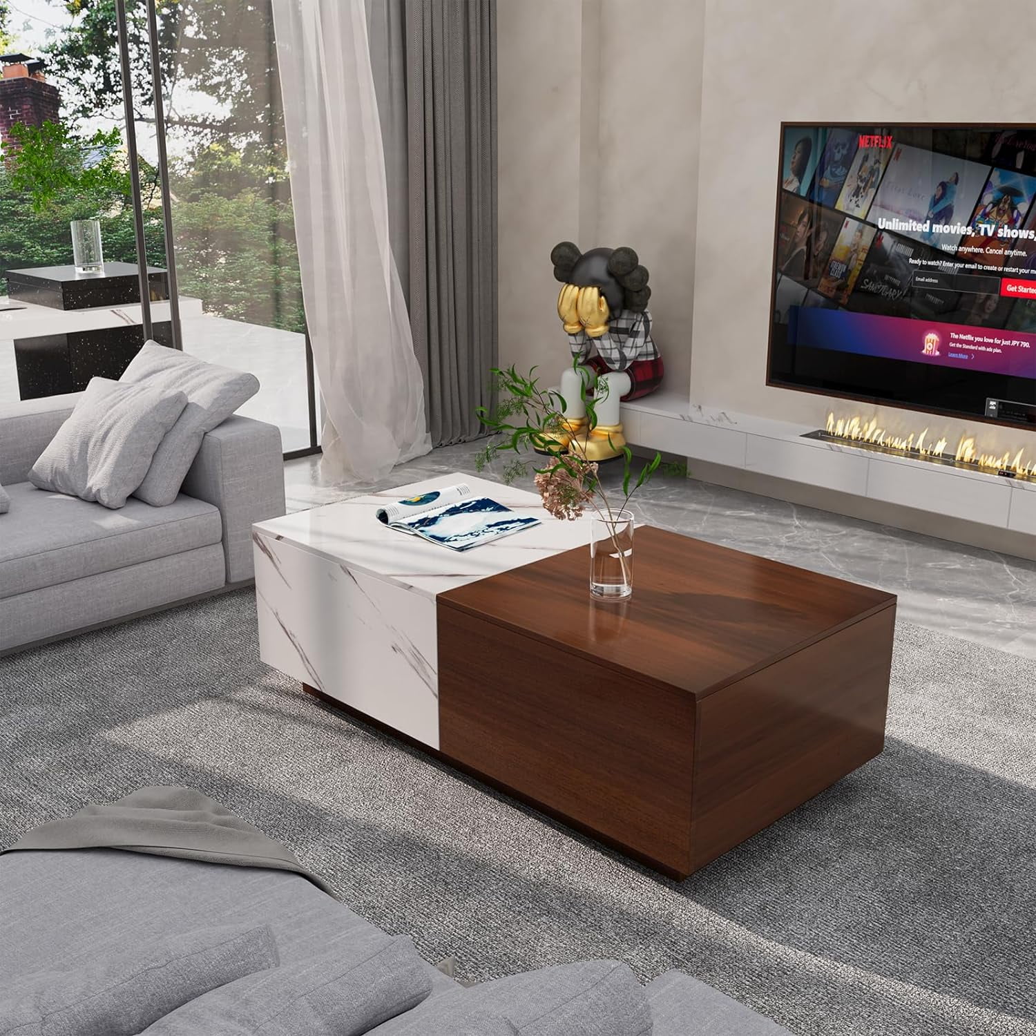 LED Coffee Table with Storage, Lift Top Coffee Table with Drawers and Hidden Compartment, Rising Wooden Dining Center Tables for Living Room Office - Walnut & Marble