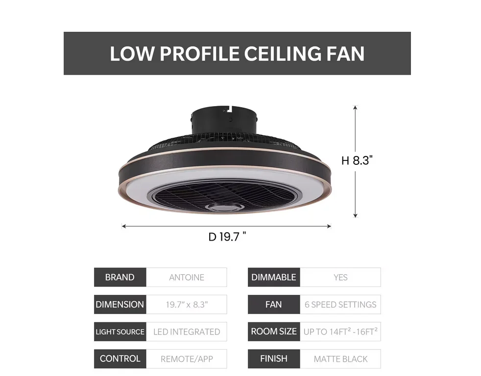 ANTOINE 20 in. Indoor Black Caged Enclosed Ceiling Fan with LED Light Modern Low Profile Ceiling Fan with Remote and APP Control