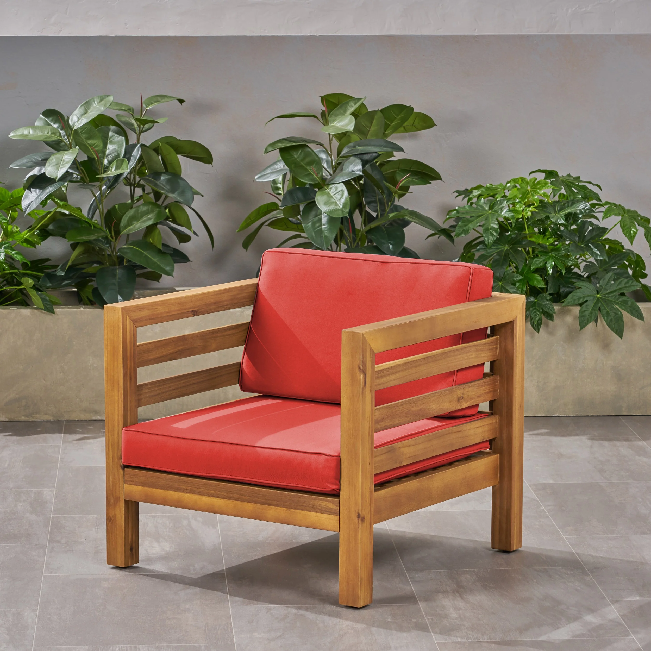 Noble House Oana Outdoor Acacia Wood Club Chair in Teak and Red