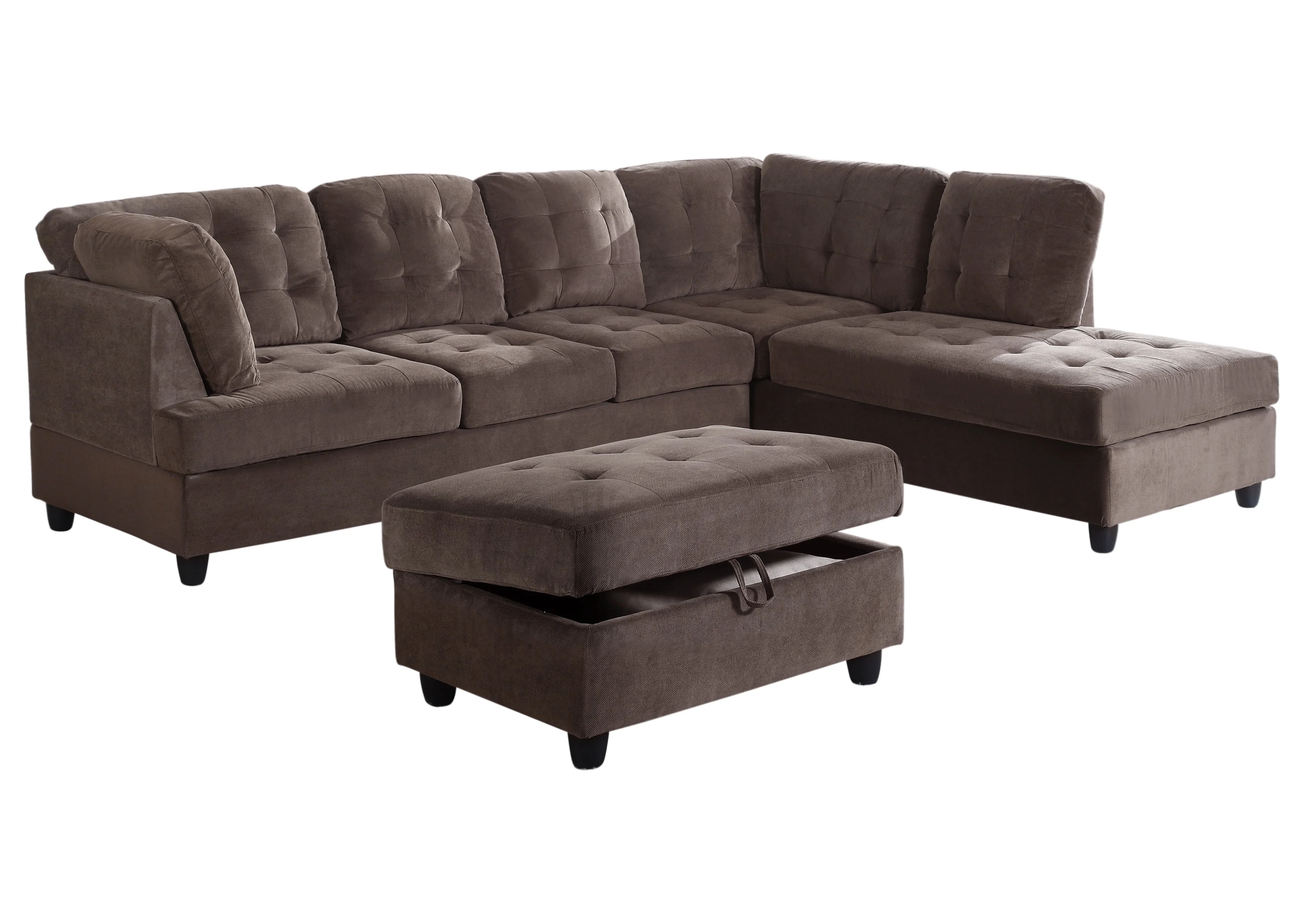 Ponliving Furniture_Corduroy L Shape Sectional Sofa with Storage Ottoman, Espresso, Right Hand Facing Chaise