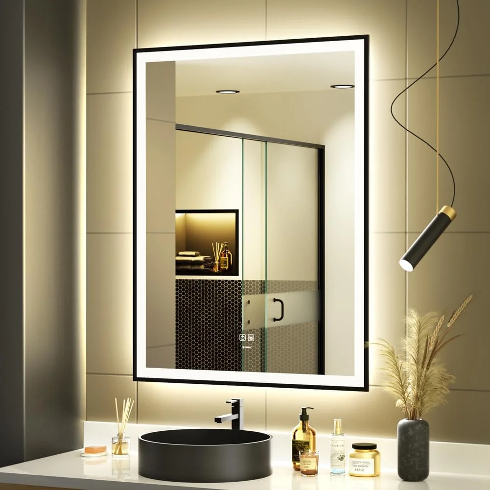 GANPE 28 x 36 inch LED Bathroom Mirror, Makeup Vanity Mirror Wall Mounted, Large Aluminium Framed Illuminated Anti Fog+IP44 Waterproof+Vertical & Horizontal Mirror