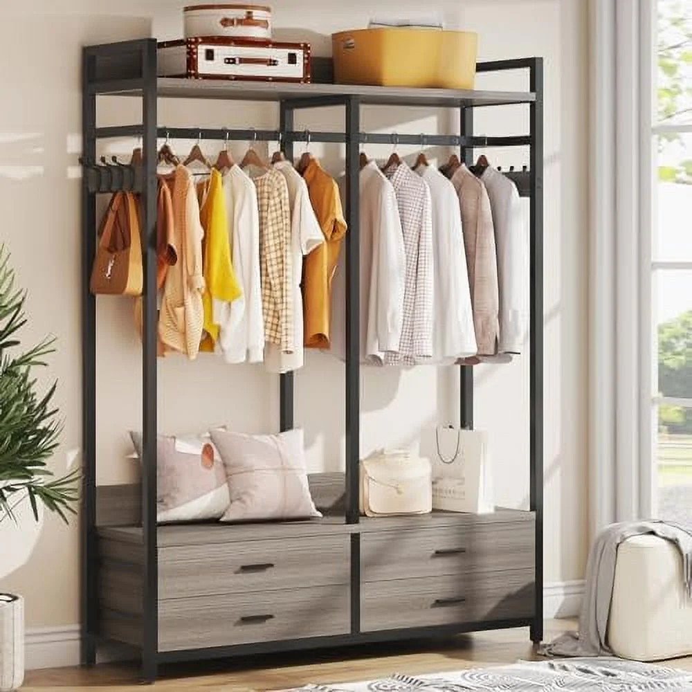 WTYNKAE Freestanding Closet Organizer for Hanging Clothes  Heavy Duty Garment Rack with 4 Drawers  8 Hooks and  Shelves  Wardrobe Closet Clothing Rack for Bedroom  Living Room  Light Waln