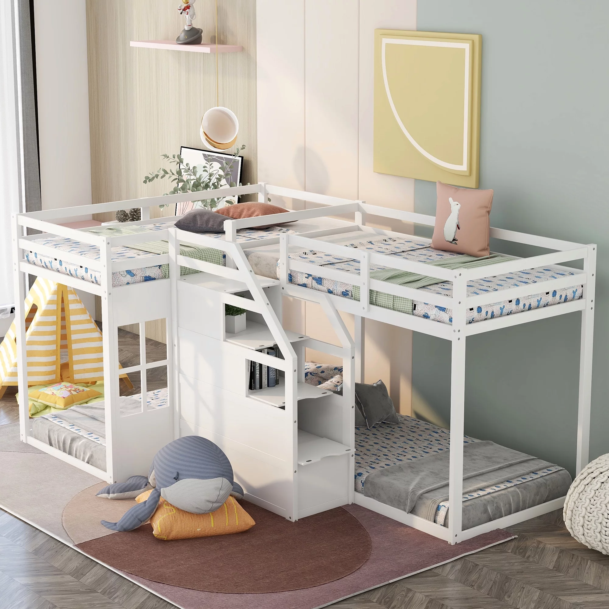 EUROCO Twin over Twin L-Shaped Bunk Bed with Middle Staircase, White