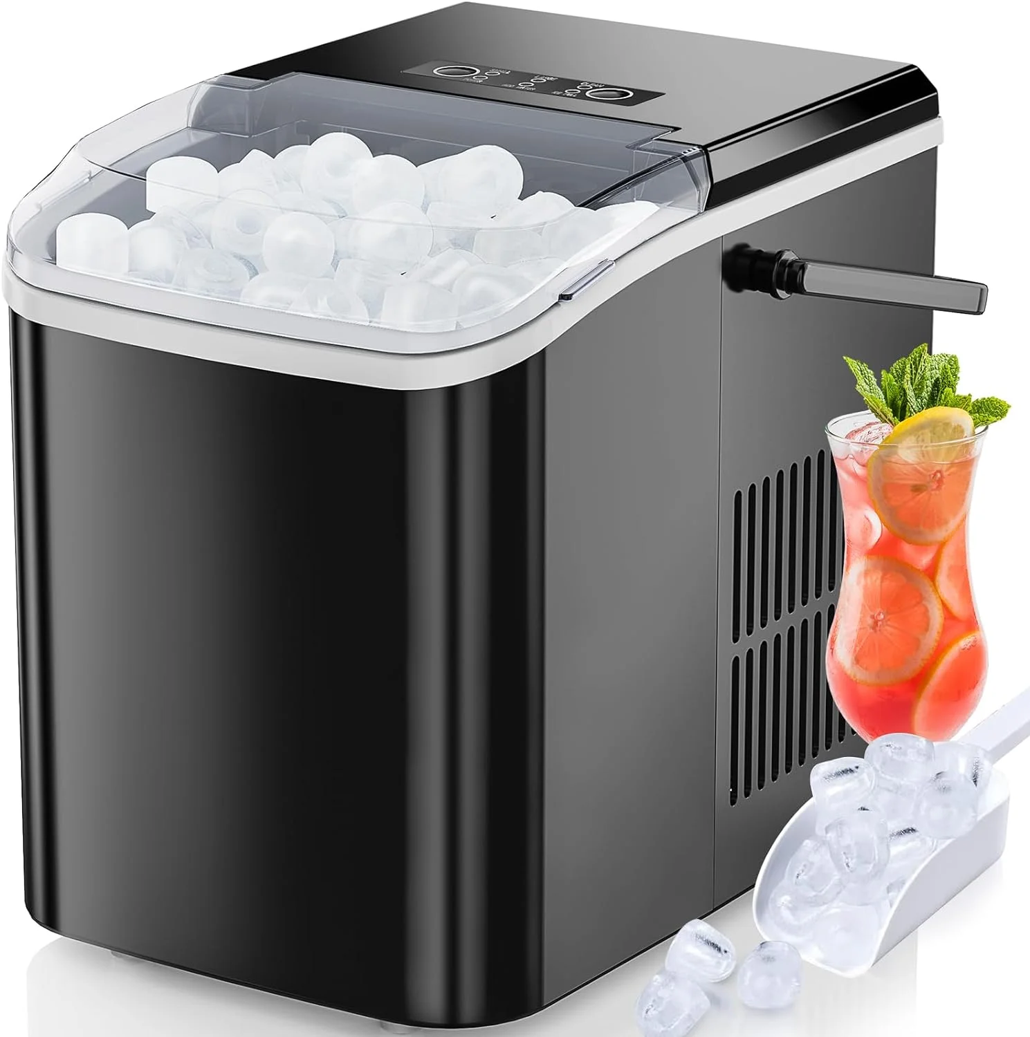 Ice Maker Countertop, Portable Ice Machine Self-Cleaning with Ice Scoop, Basket and Handle, 9 Cubes in 6 Mins, 26.5lbs/24Hrs, 2 Sizes of Bullet Ice for Home Kitchen Office Party, Black