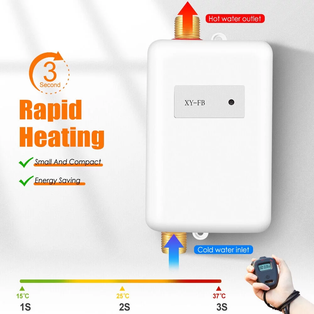 KingFurt - Electric Water Heater - Compact Size - 3000W Power - White - Adjustable Temperature - Safe and Smart - Ideal for Bathrooms & Kitchens