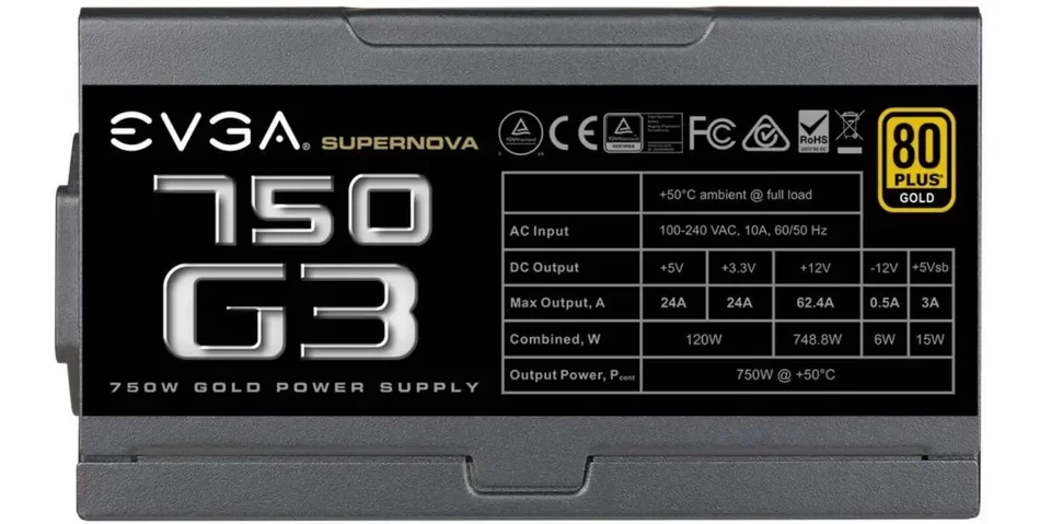 EVGA SuperNova 750 G3 ATX Power Supply Gaming PSU 80 Plus Gold 750W Fully Modula