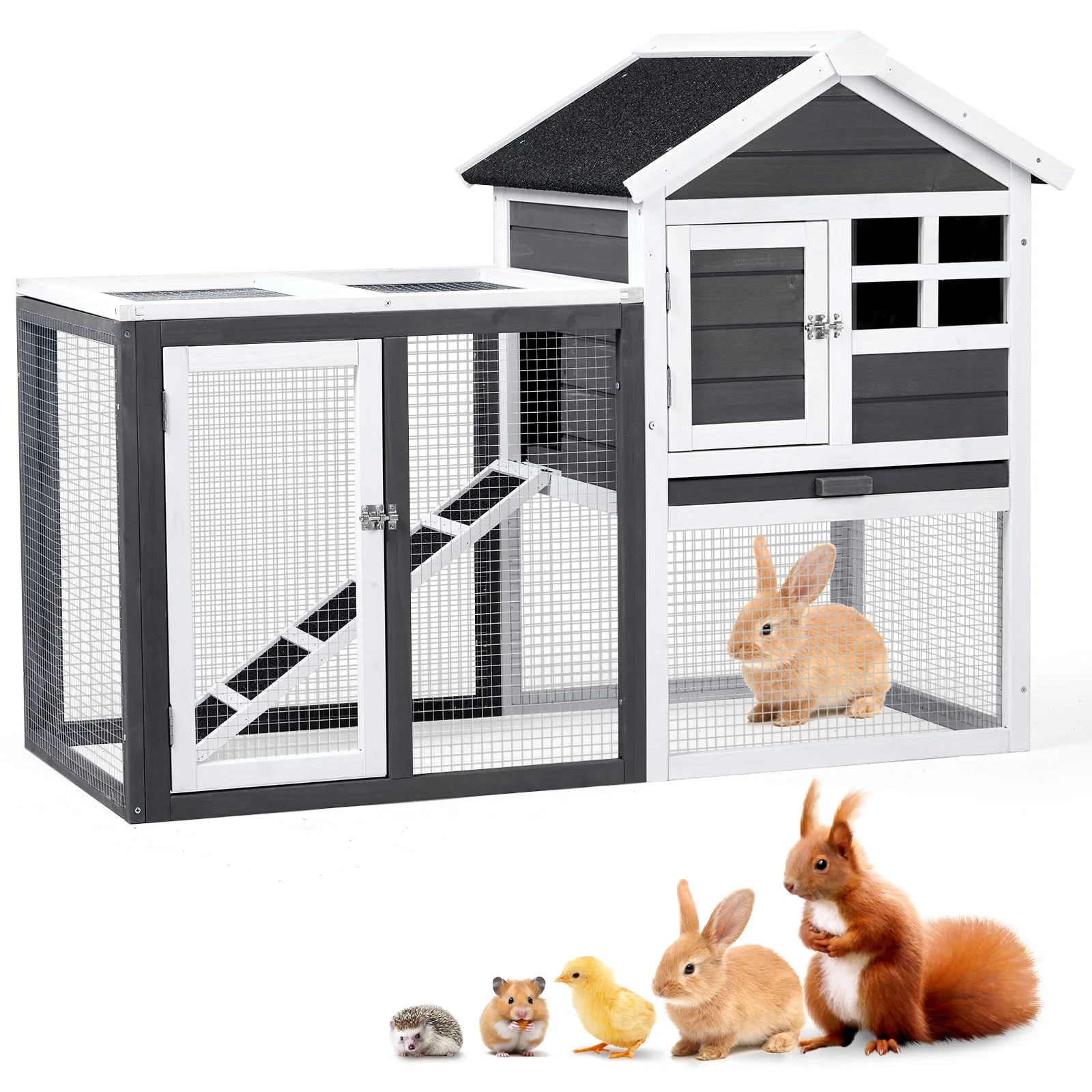 48“*24.8*35” House Model with Run Ladder Gray Fir Wooden Chicken Rabbit Cage with Removable Upper Tray