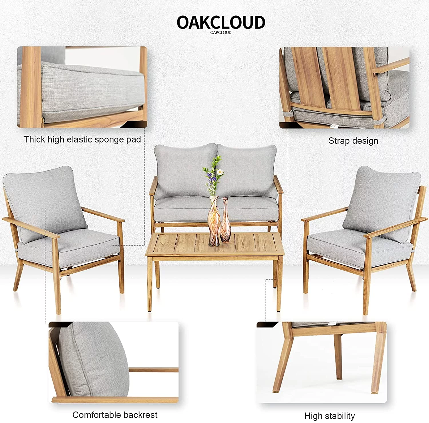 SUNCROWN 4 Piece Patio Furniture Set Outdoor Conversation Set Imitation Wood Metal Chair, Gray