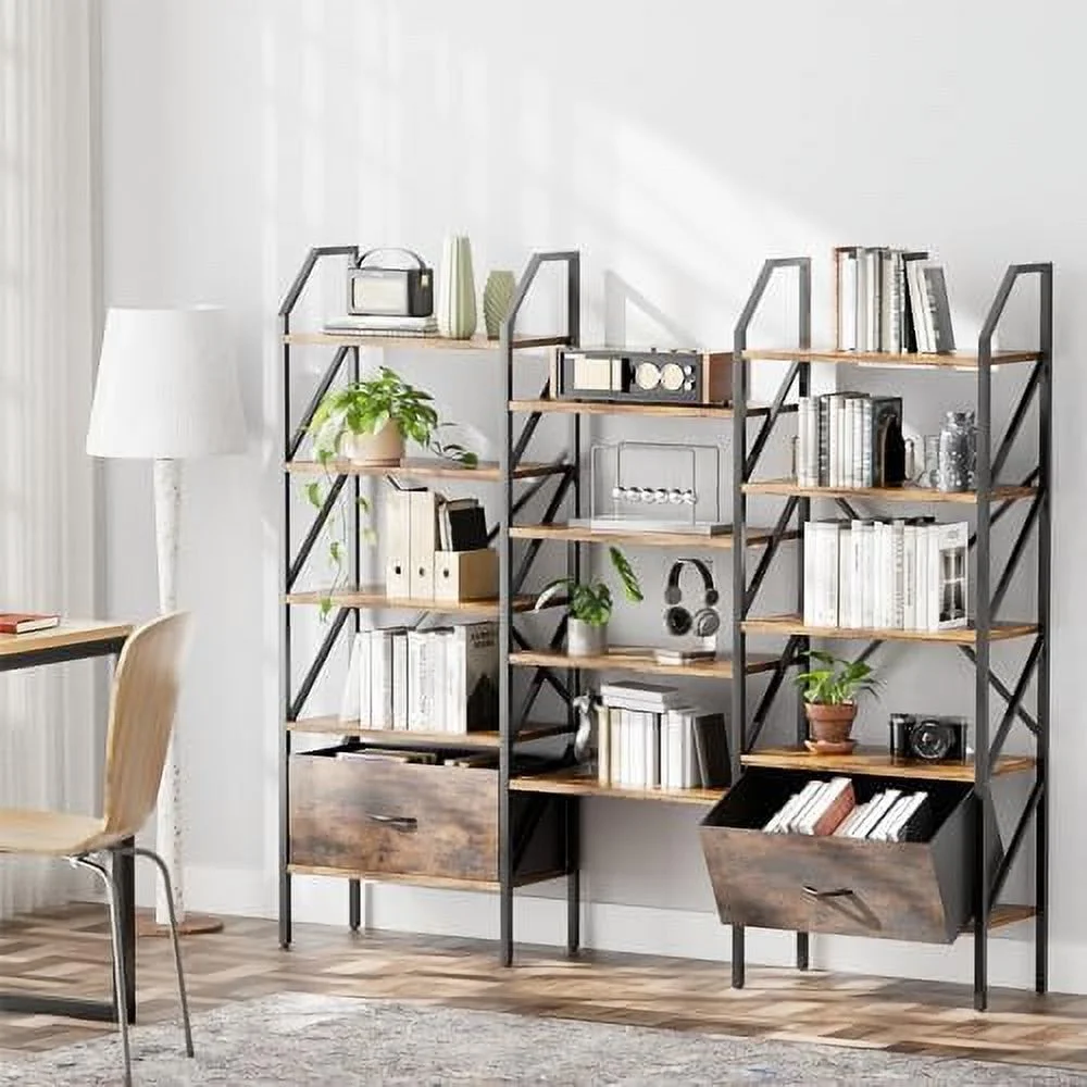 HVSDIMO Triple 6 Tier Bookshelf with Drawers  Wide Bookcase with 17 Open Display  Shelves  Large Book  Book Case for Home & Office (Rustic Brown  6 Tier)