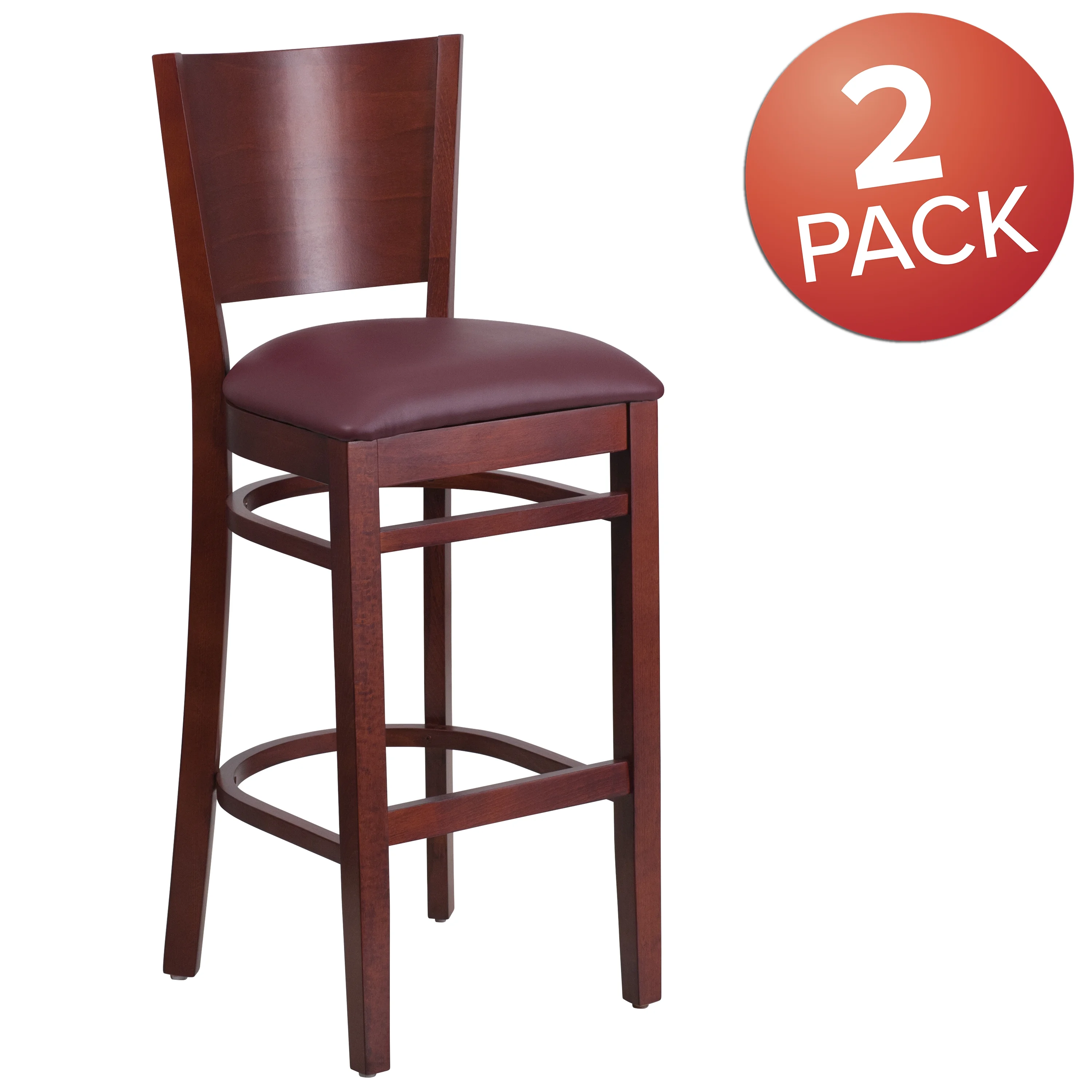 Flash Furniture 2 Pk. Lacey Series Solid Back Mahogany Wood Restaurant Barstool - Burgundy Vinyl Seat