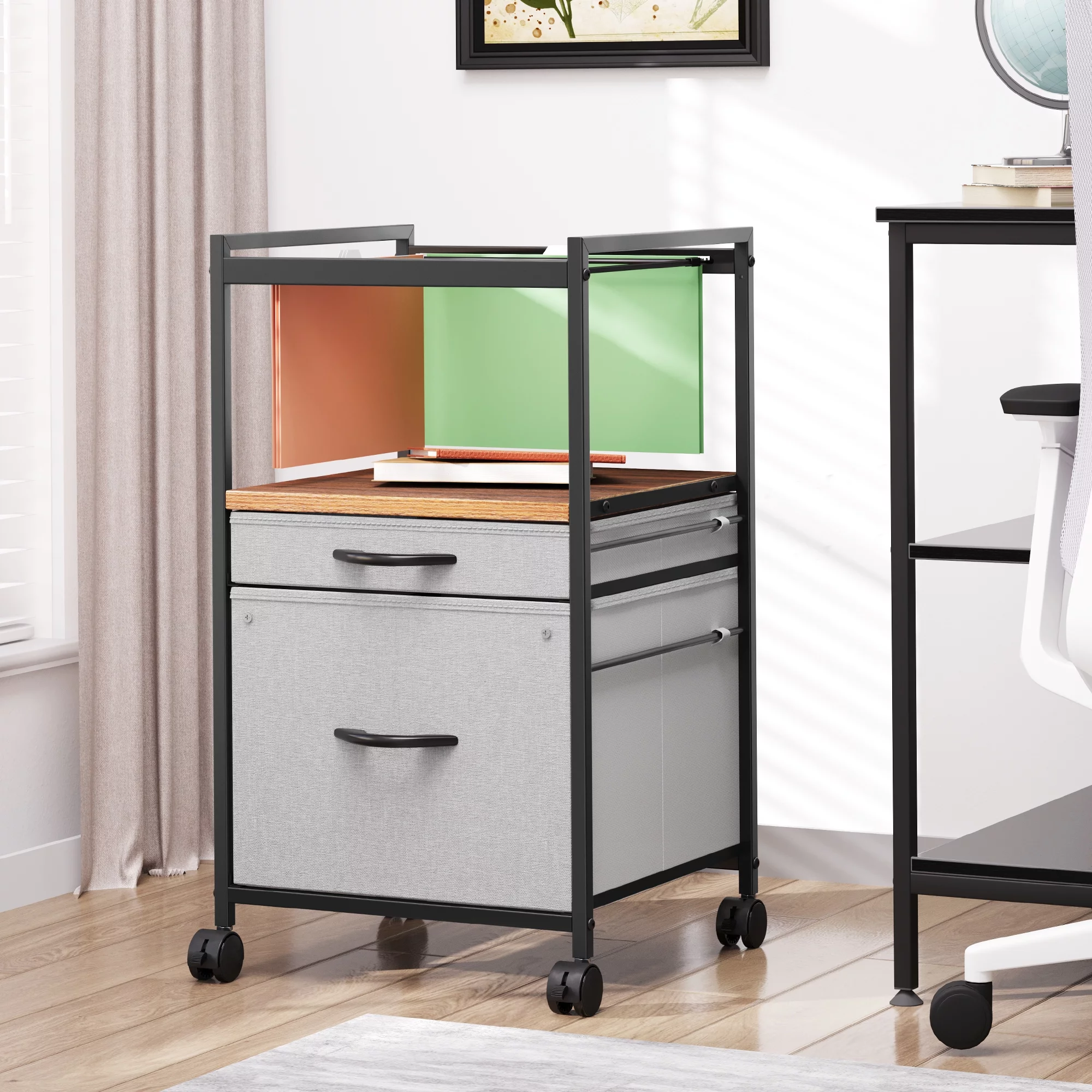 Dextrus 2 Drawer Mobile File Cabinet, Vertical Fabric File Cabinet with Open Storage Shelf, Rolling Printer Stand for Home Office, Fits A4/Letter Size (Grey)