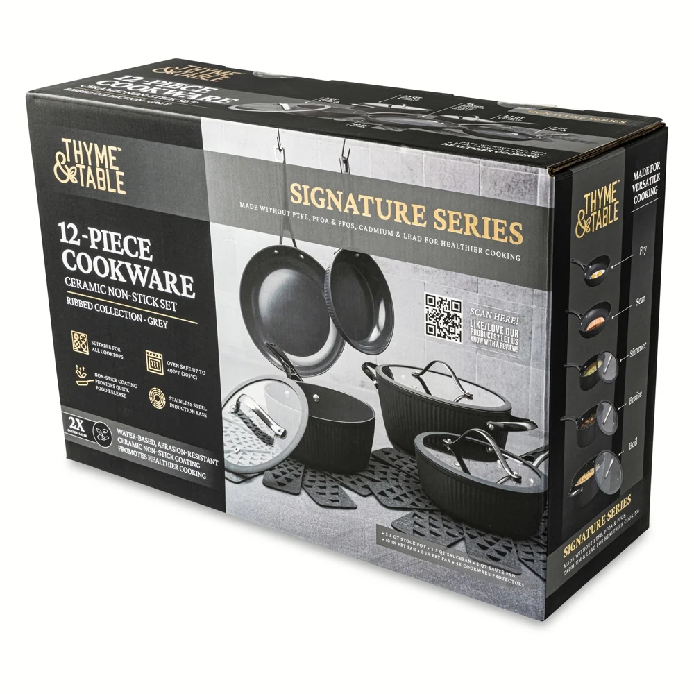 Thyme & Table 12-Piece Cookware Ceramic Non-Stick Set Ribbed Collection, Grey