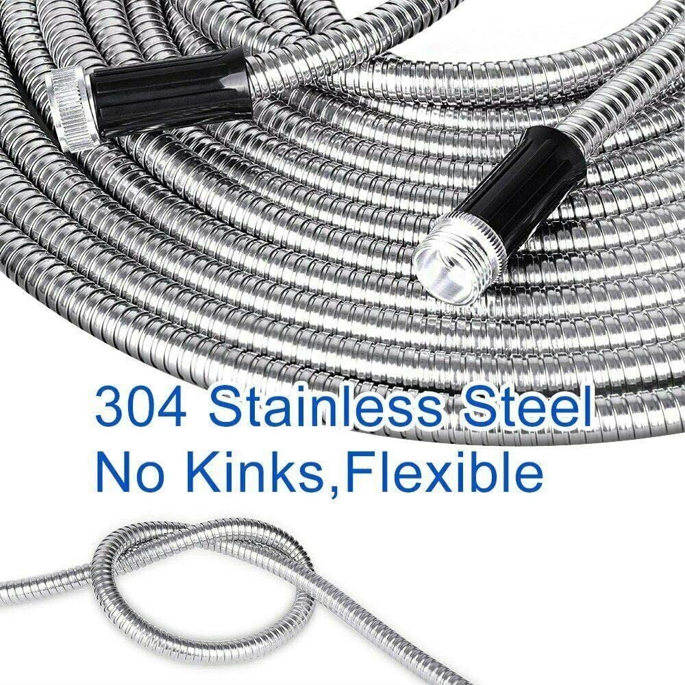 50FT 304 Stainless Steel Metal Garden Water Hose Flexible Patio Home with 6 Spray Nozzle Patterns