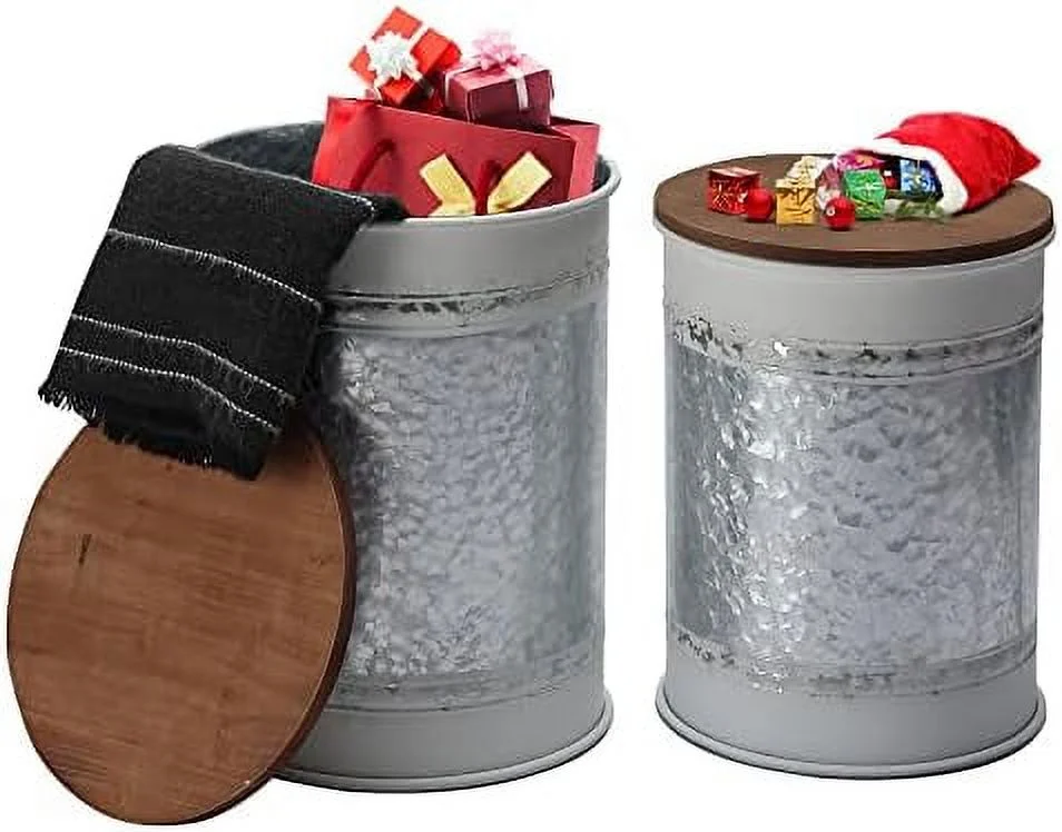 ZFGSUIJN Rustic  Ottoman Seat Stool  Farmhouse    Antique Galvanized Metal End  Box Bin with Square Wooden Lid （Square&Galvanized）