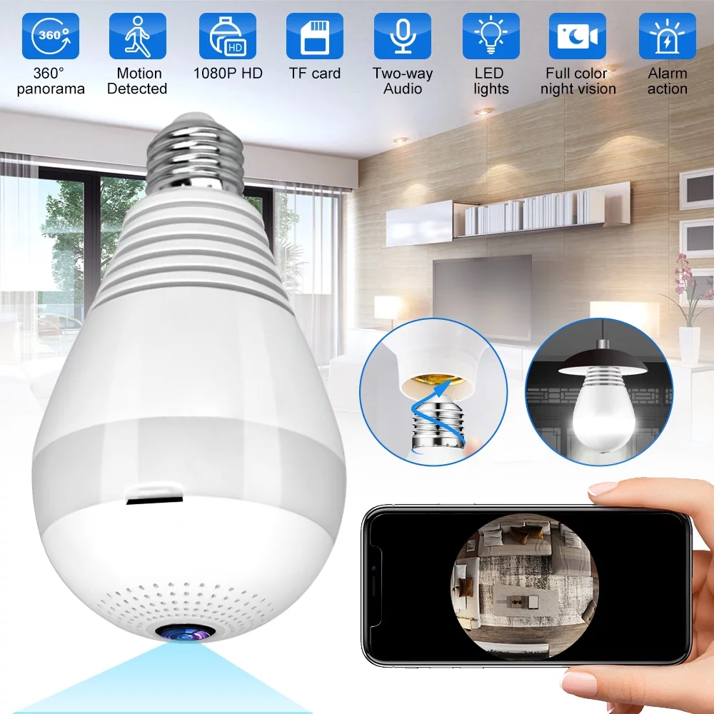 DFITO Home Security Camera WIFI Outdoor Surveillance Camera with Light Bulb 1080 HD Motion Detection 360 Degree Wide Angle