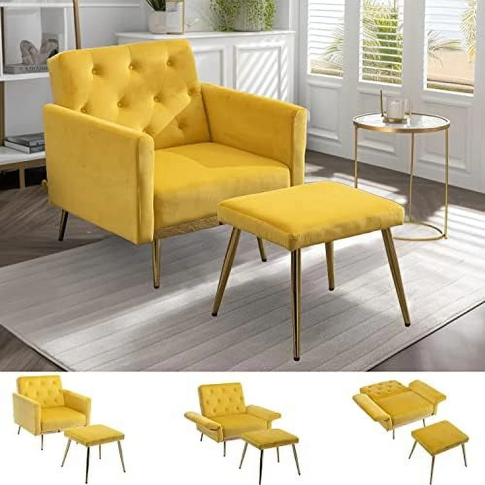 FDIGLUL Adjustable Accent Chair with Ottoman  Lounge Chair and Ottoman  Convertible Recliner Chaise Lounge  Mid Century Modern Armchair  Sofa Chair for Living Room Bedroom (Mustard Velvet