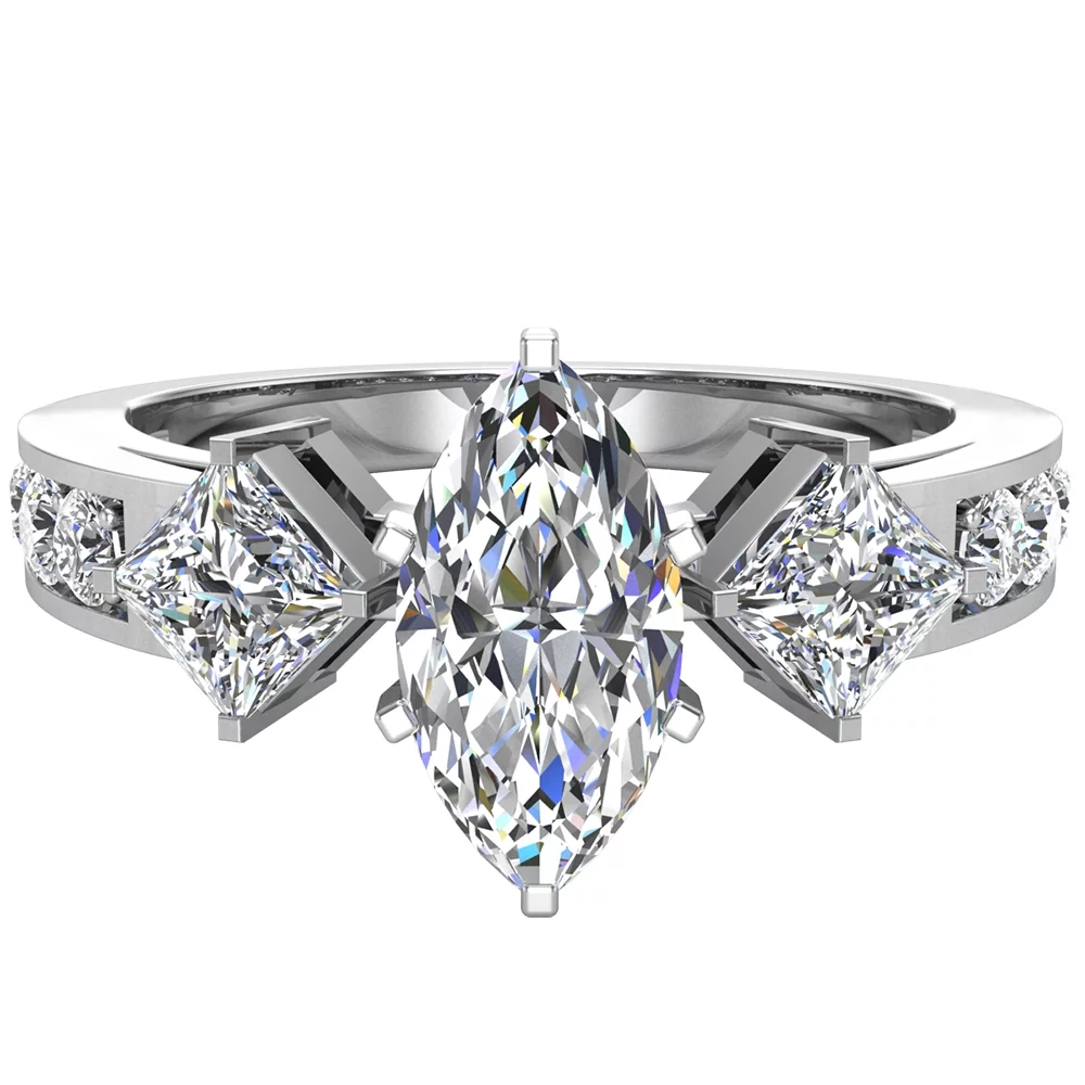 Three-Stone Diamond Engagement Ring Marquise and Princess Cut Diamond Rings 14K White Gold 1.40 Carat (H,SI1)
