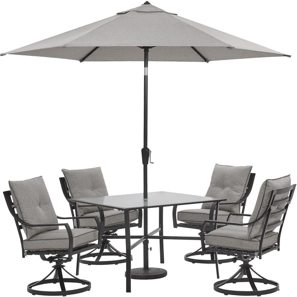 Hanover Lavallette 5-Piece Dining Set in Silver Linings with 4 Swivel Rockers, 42-In. Square Glass-Top Table, Umbrella, and Base, LAVDN5PCSW-SLV-SU