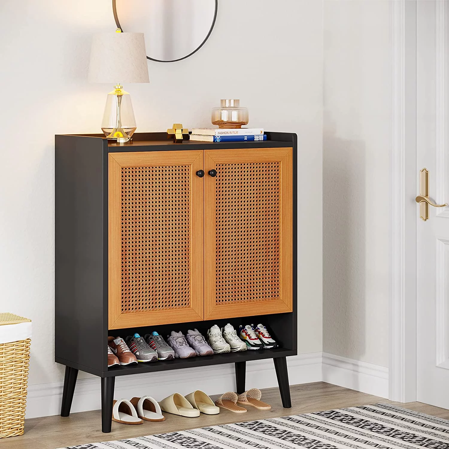 Tribesigns Shoe Cabinet, Natural Handmade Rattan Shoe Rack Organizer, 6 Tiers 24-30 Pairs Heavy Duty Shoe Storage Cabinet with Doors for Entryway, Black & Orange