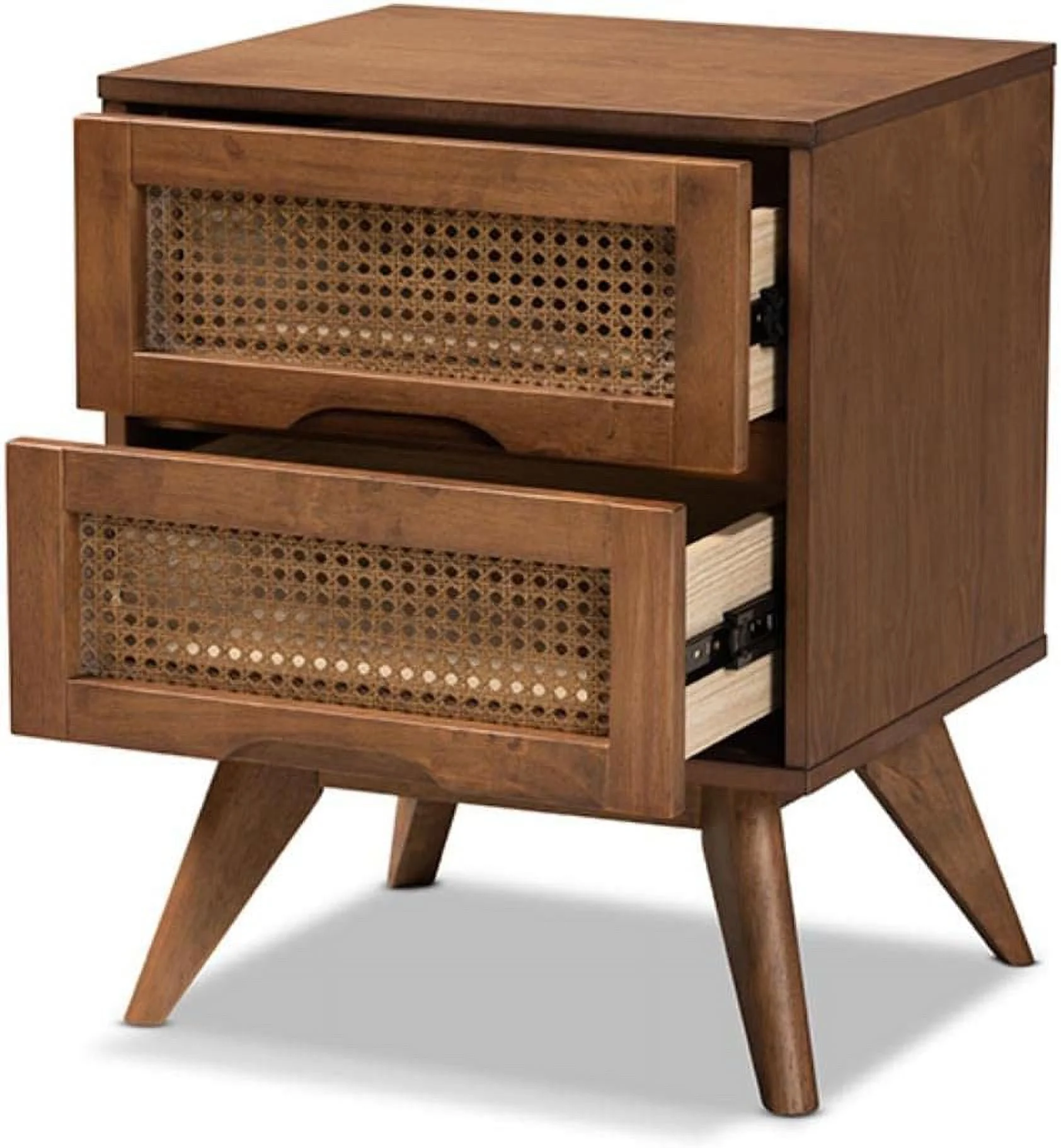 Brown Finished Wood and Synthetic Rattan 2-Drawer Nightstand