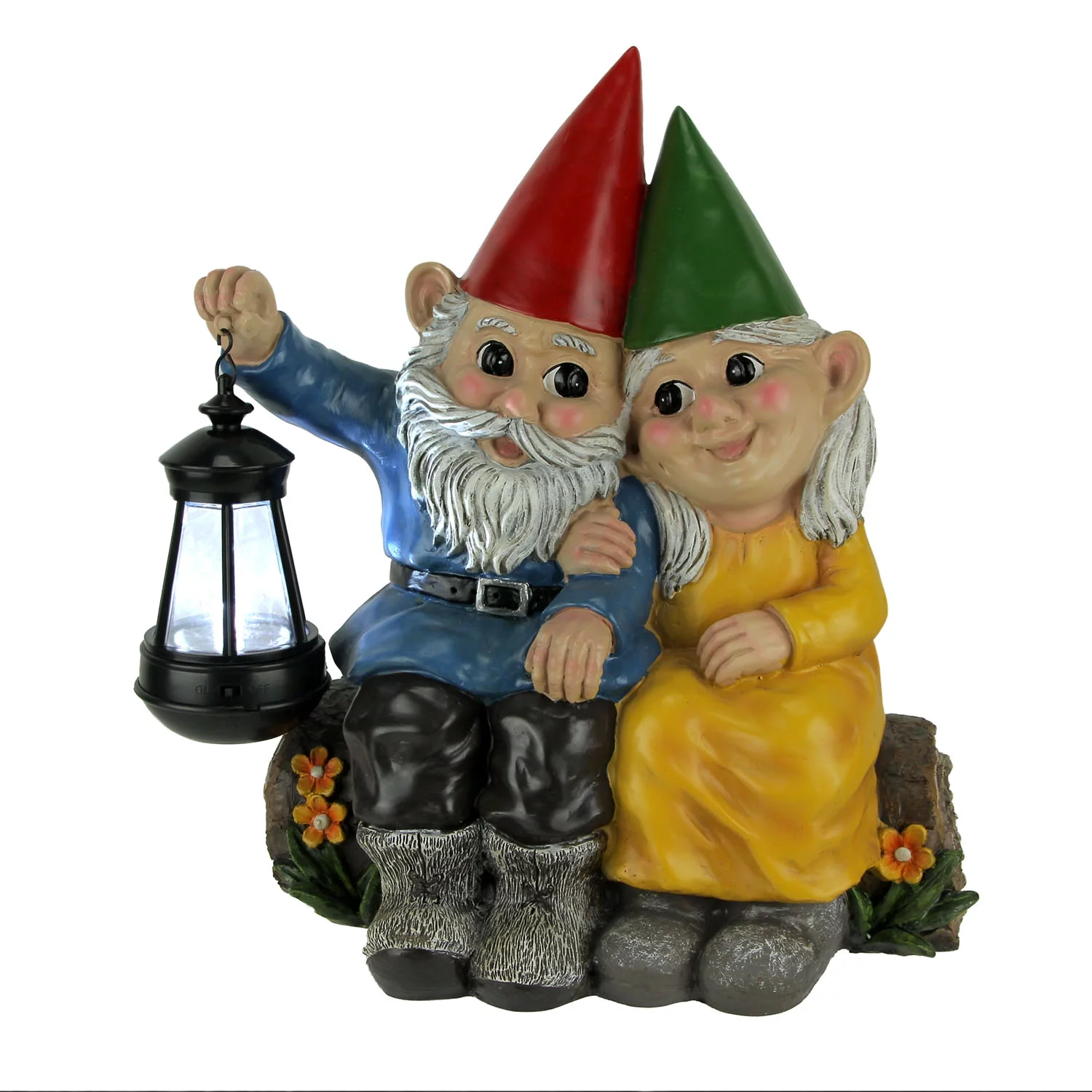 World of Wonders Light of Our Love Gnome Couple Sitting On Log Solar Lantern Statue