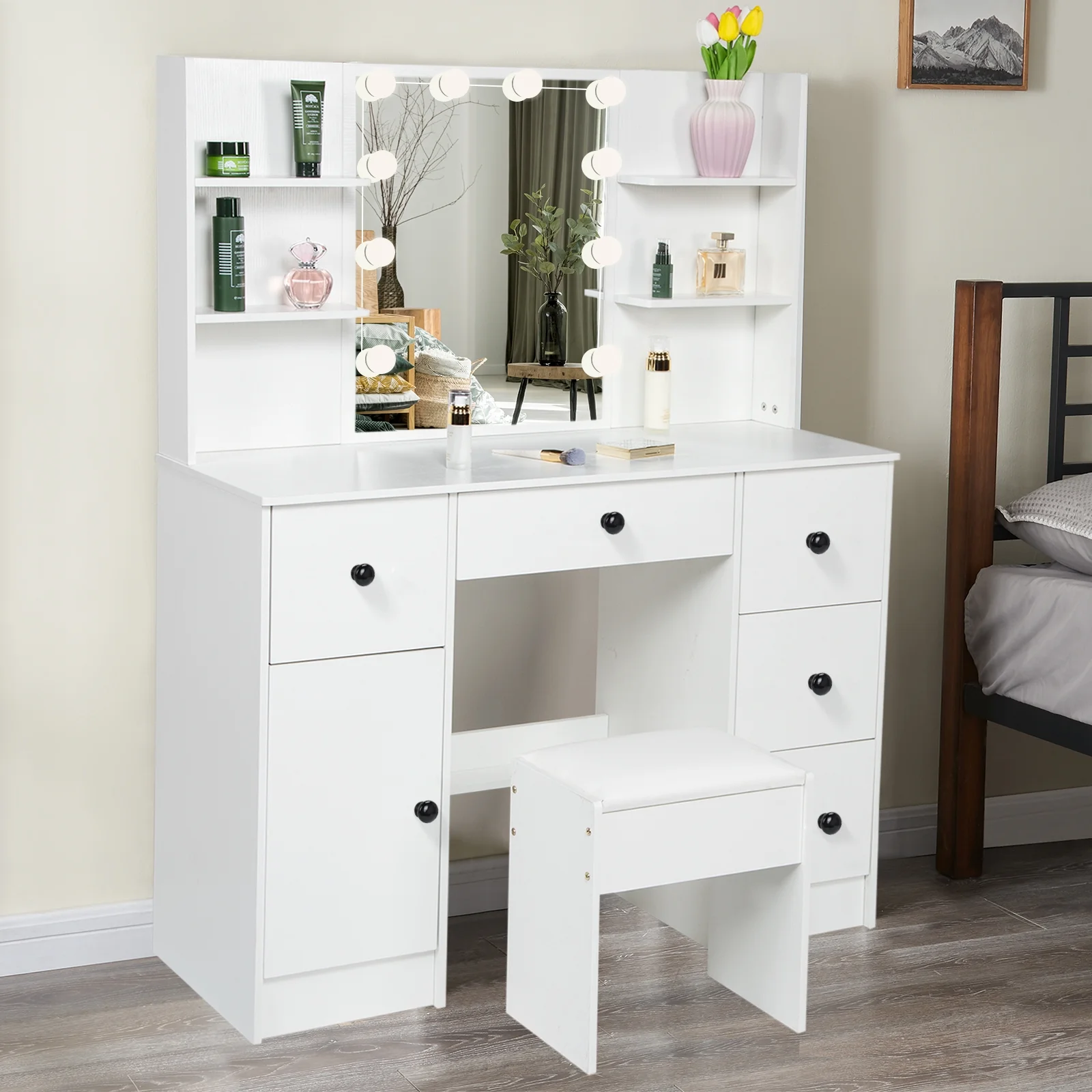Yamissi Vanity Set with Mirror and Lights, Modern Makeup Vanity Desk with Stool, Dressing Table with Drawers & Shelves, White