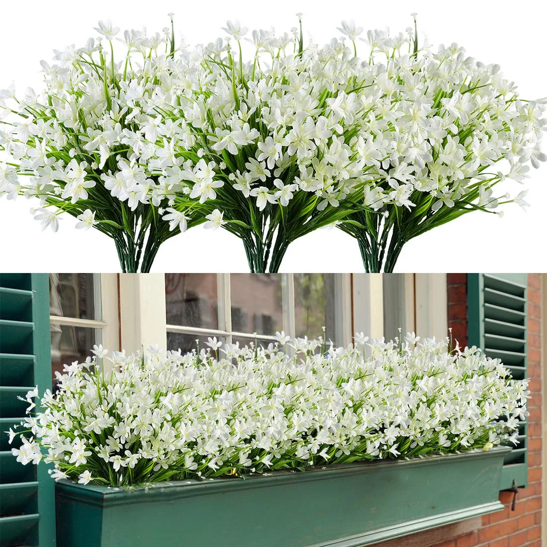 GRNSHTS 4 pcs Artificial Flowers Fake Outdoor UV Resistant Plants Faux Plastic Greenery Shrubs Bushes Indoor Outside Hanging Planter Home Garden Window Box Patio Yard Office Wedding Decor (White)