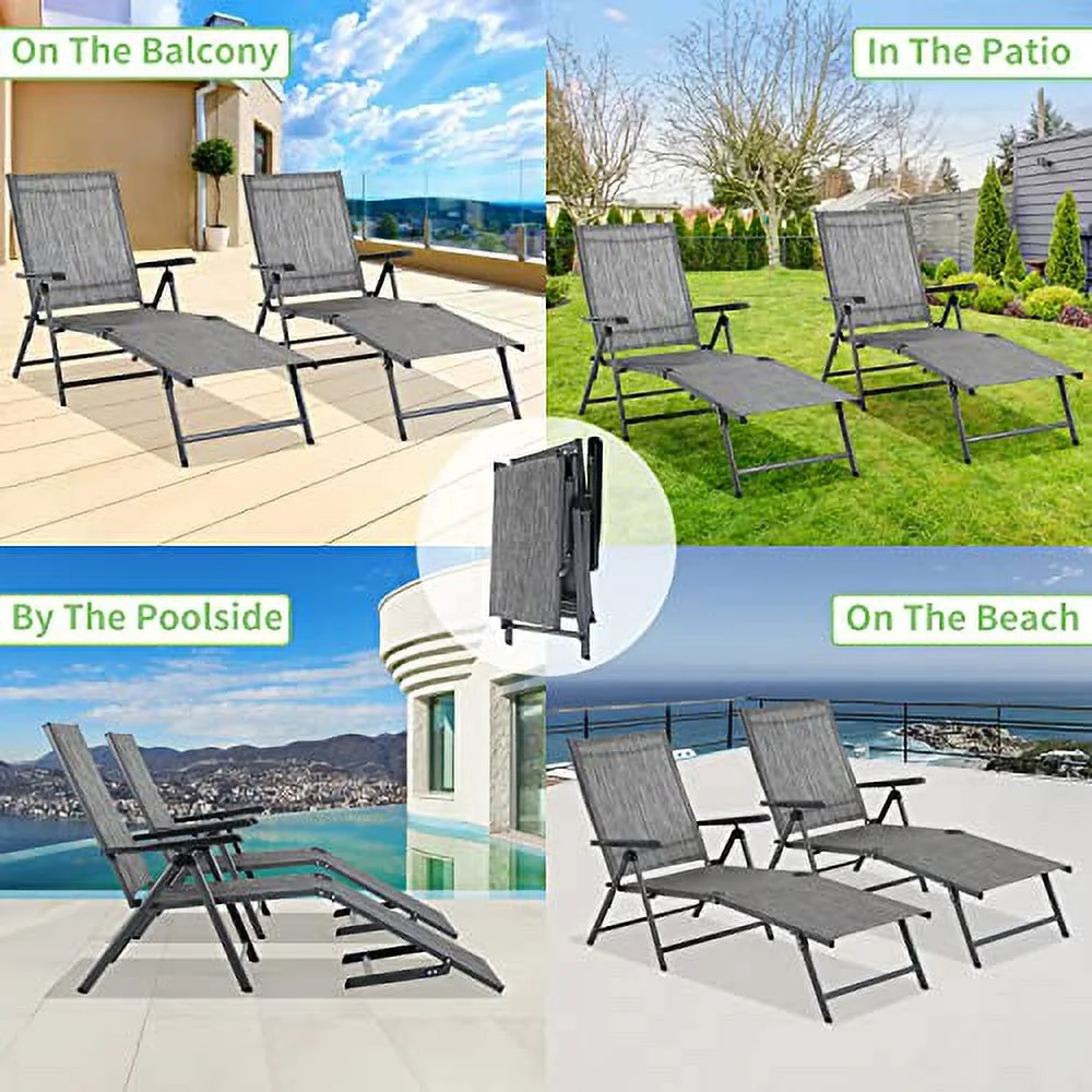 YRLLENSDAN Patio Lounge Chair Outdoor Adjustable 5-Position Recliner Portable Folding Chair for Outside Beach Pool Sunbathing Lawn Lounger Chair Camping Reclining Chair, Gray