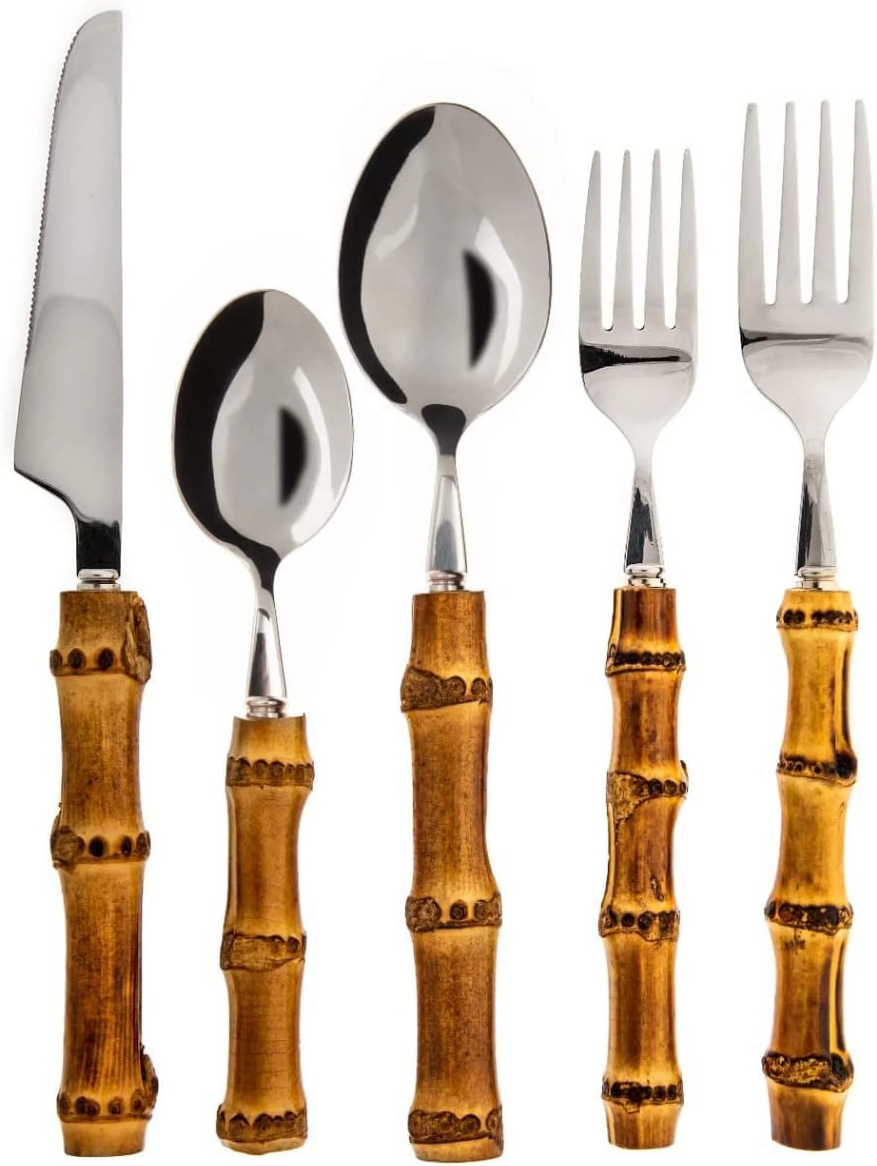 YUMIAO 20-Pieces Bamboo Silverware Set, Natural Bamboo Handle Flatware, Cutlery and Utensils Set, 18/8 Stainless Steel, Mirror Polish Tableware, Dinnerware