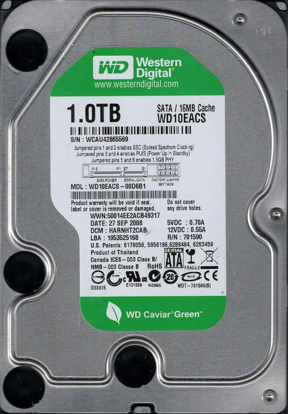 WD10EACS-00D6B1 Western Digital 1TB DCM: HARNHT2CAB