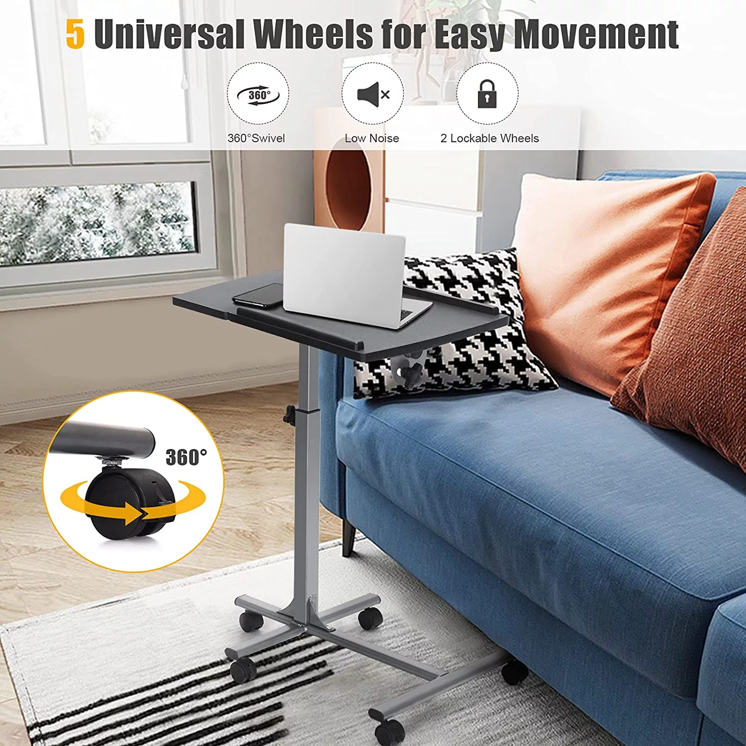 Overbed Laptop Desk, Mobile Laptop Stand with Tilting Tabletop, Rolling Height Adjustable Bedside Table with Mouse Pad Cup Holder